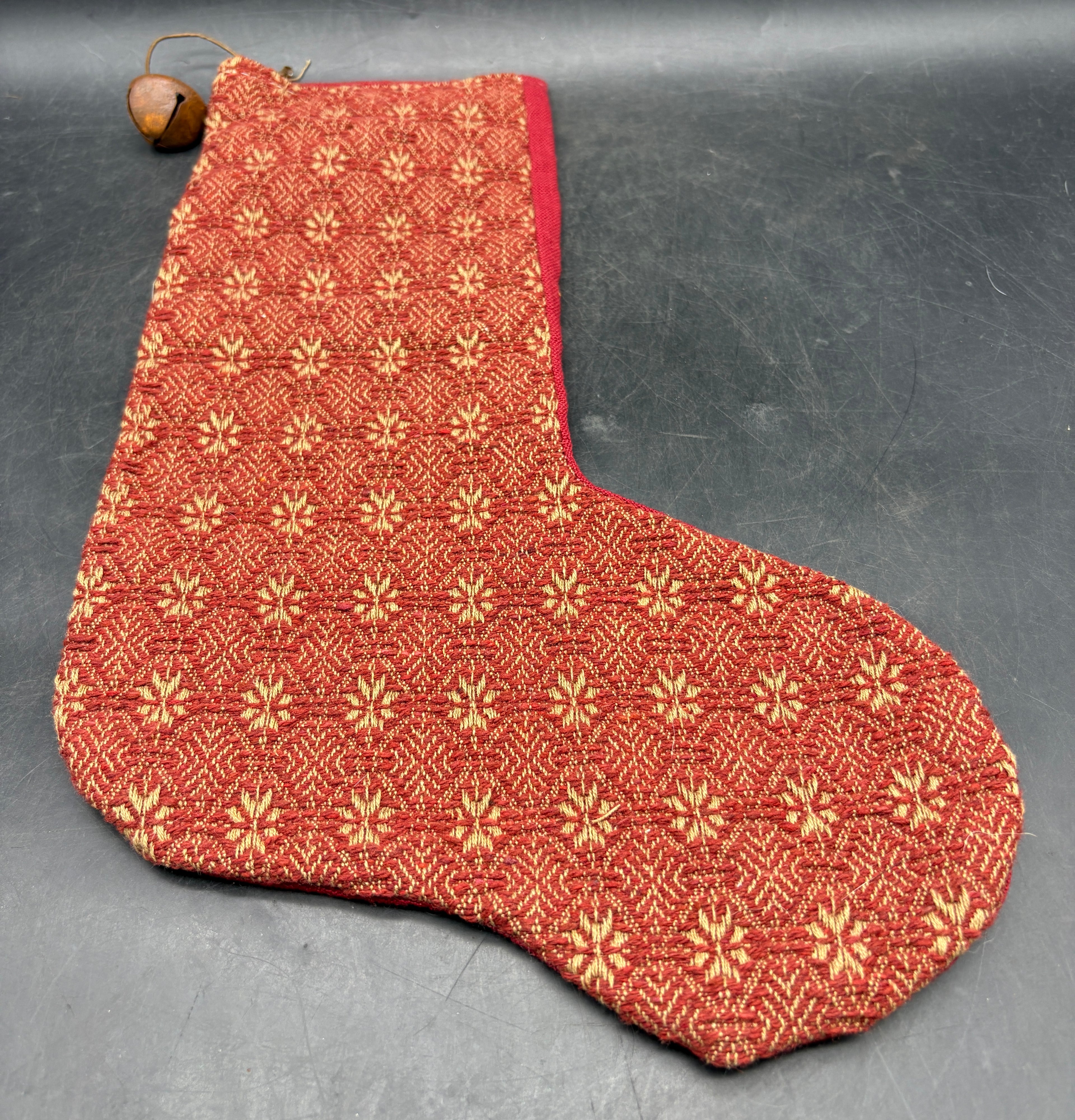 Handmade Coverlet Christmas Stocking — Large 15" x 9" with Flannel Backing & Rusty Bell