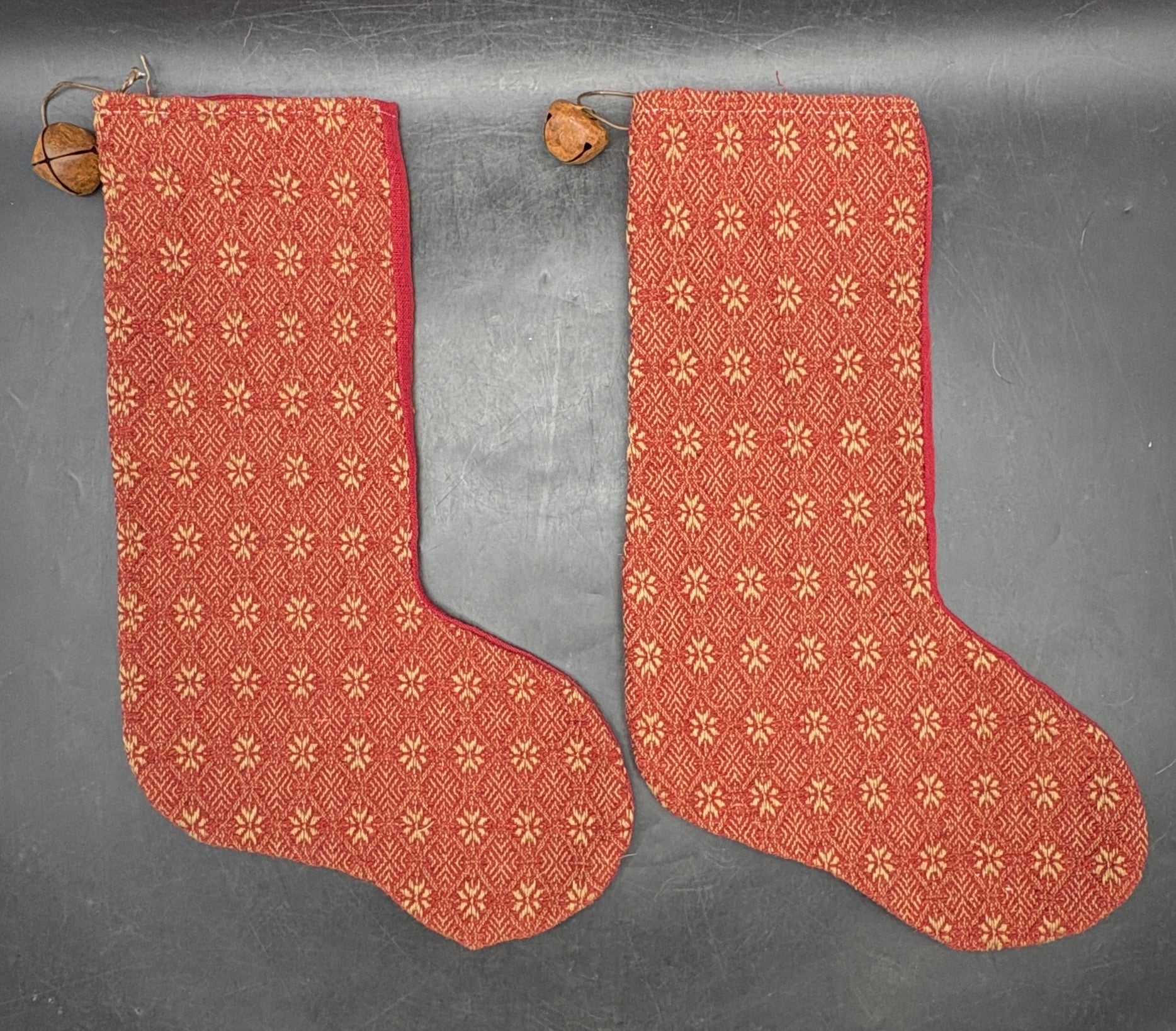 Handmade Coverlet Christmas Stocking — Large 15" x 9" with Flannel Backing & Rusty Bell