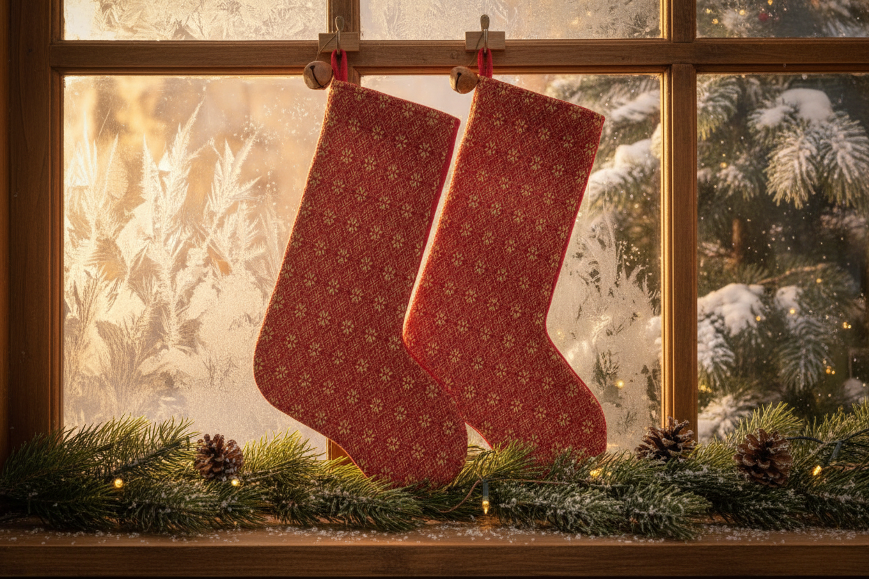 Handmade Coverlet Christmas Stocking — Large 15" x 9" with Flannel Backing & Rusty Bell