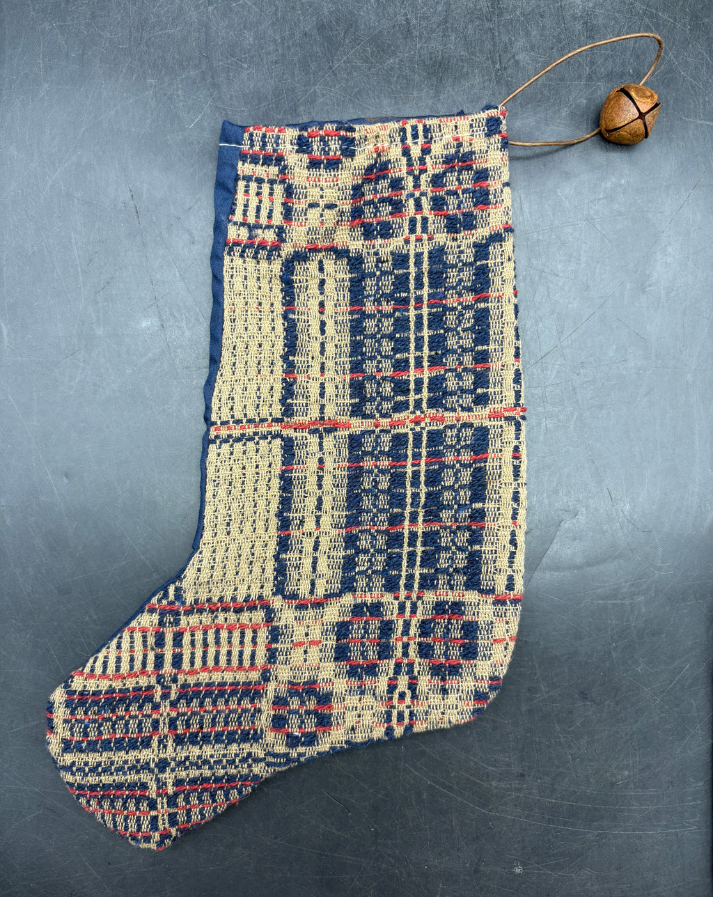 Handmade Coverlet Christmas Stocking — Medium 10" x 5" with Flannel Backing & Rusty Bell