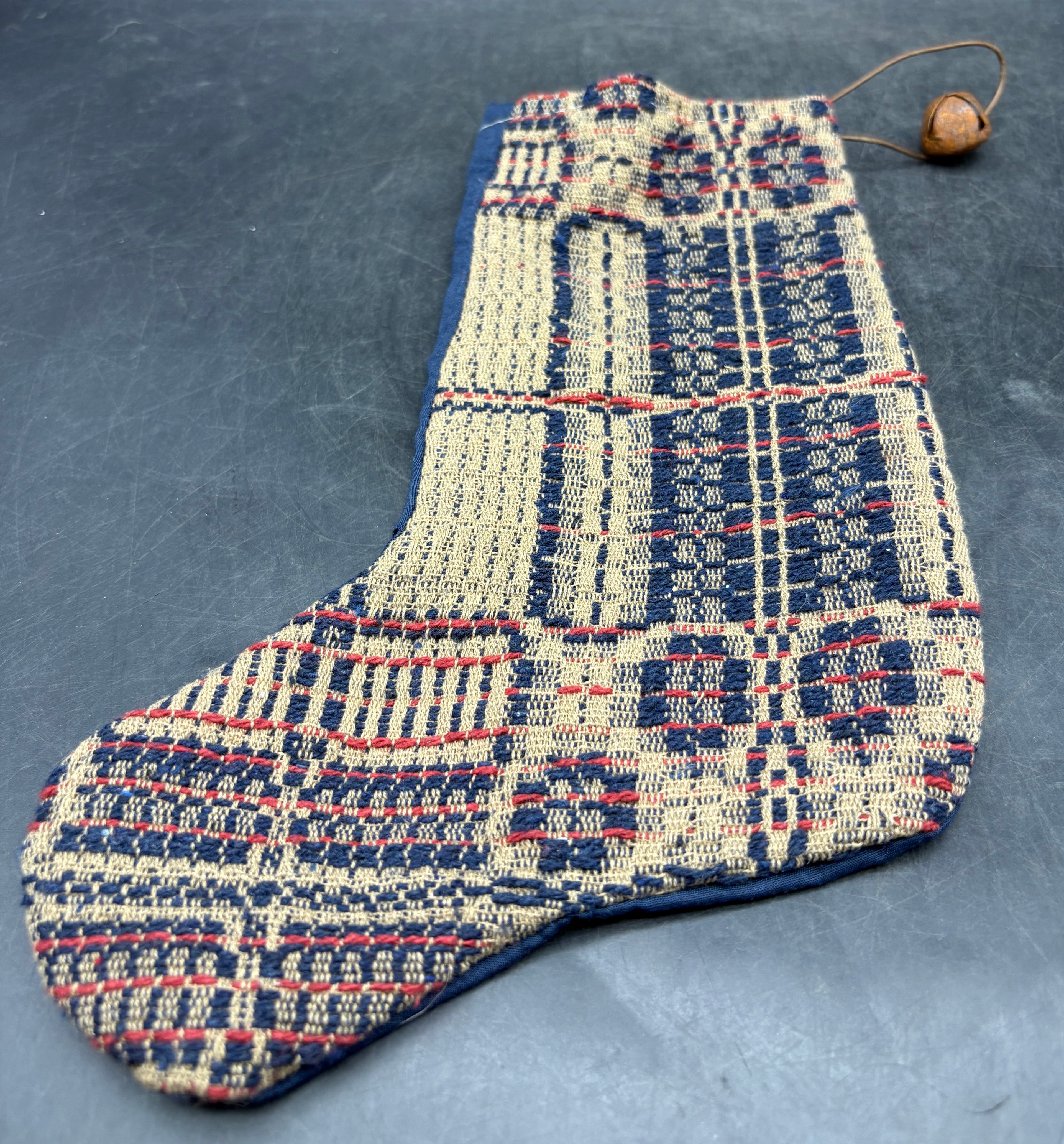 Handmade Coverlet Christmas Stocking — Medium 10" x 5" with Flannel Backing & Rusty Bell