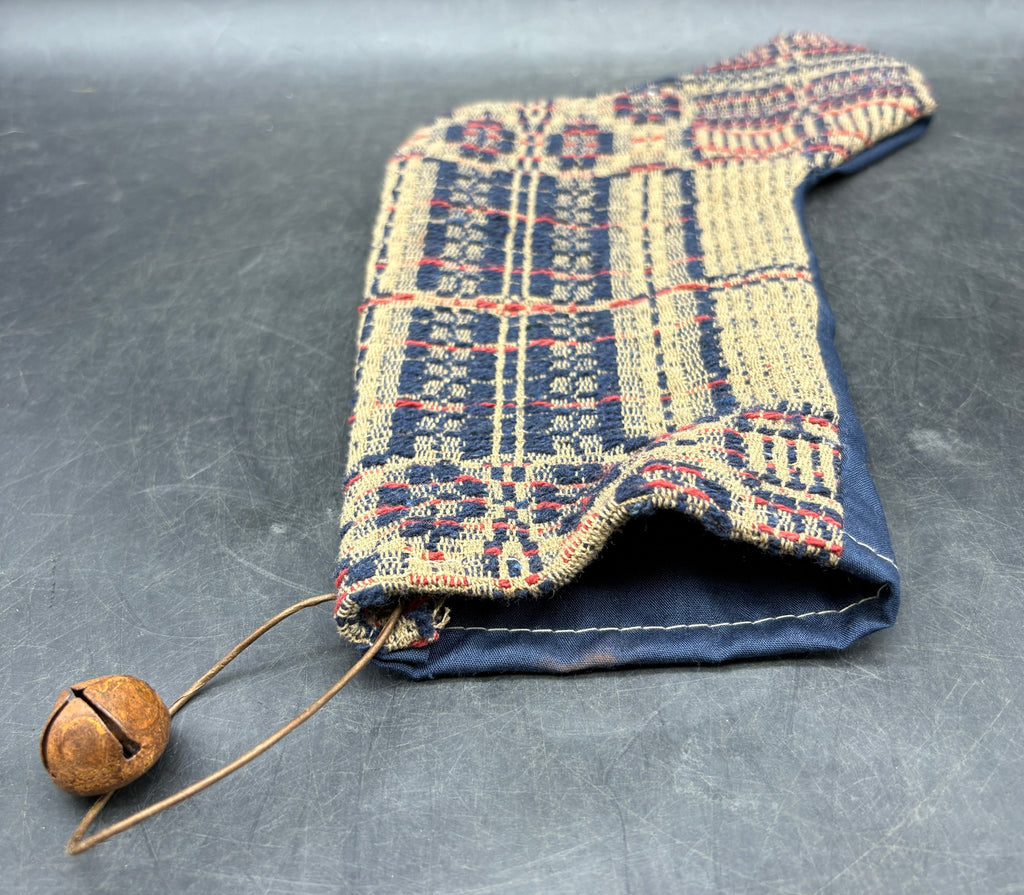 Handmade Coverlet Christmas Stocking — Medium 10" x 5" with Flannel Backing & Rusty Bell