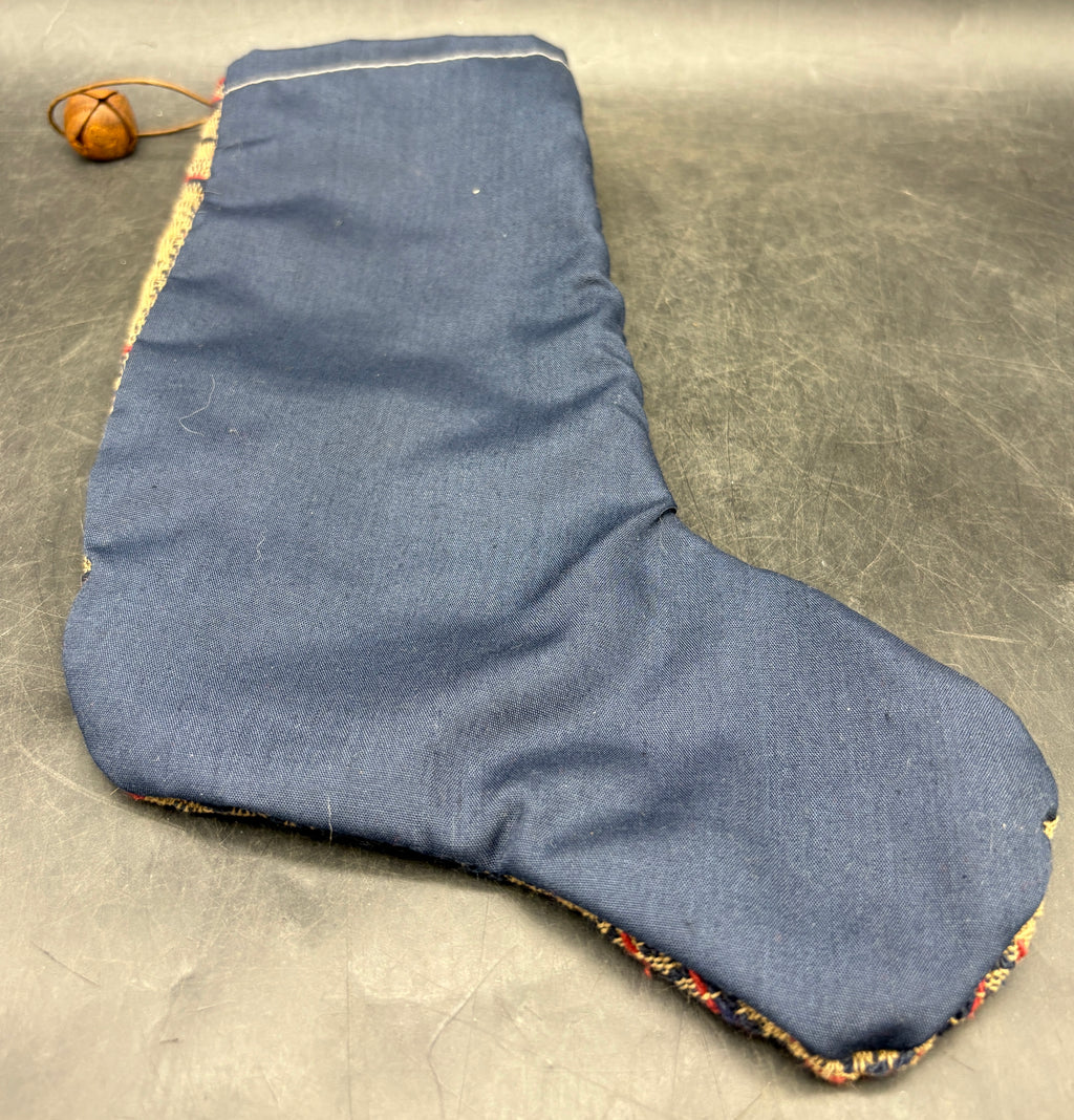 Handmade Coverlet Christmas Stocking — Medium 10" x 5" with Flannel Backing & Rusty Bell