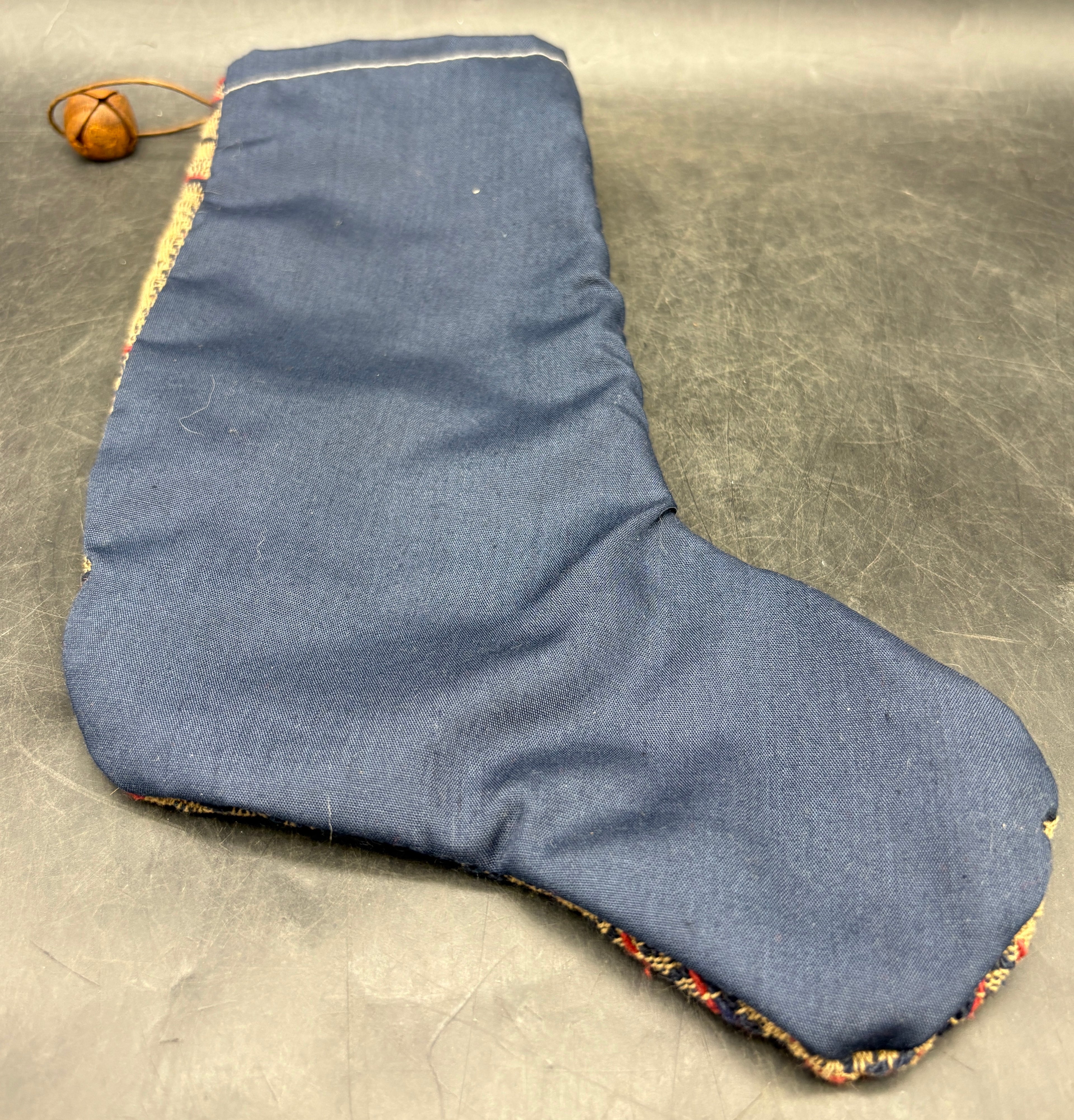 Handmade Coverlet Christmas Stocking — Medium 10" x 5" with Flannel Backing & Rusty Bell