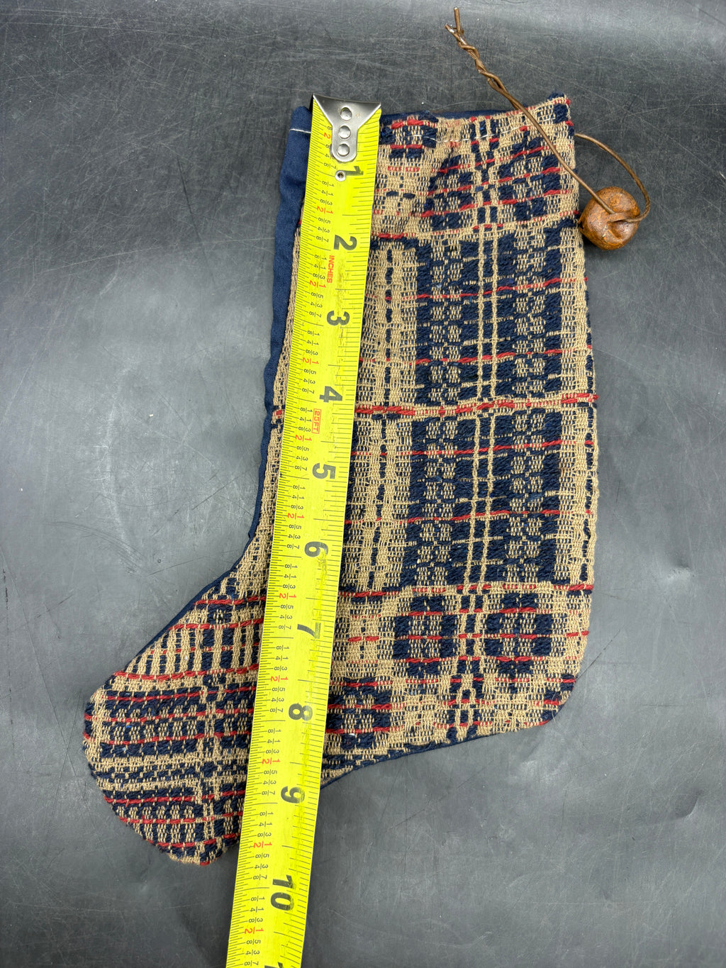 Handmade Coverlet Christmas Stocking — Medium 10" x 5" with Flannel Backing & Rusty Bell