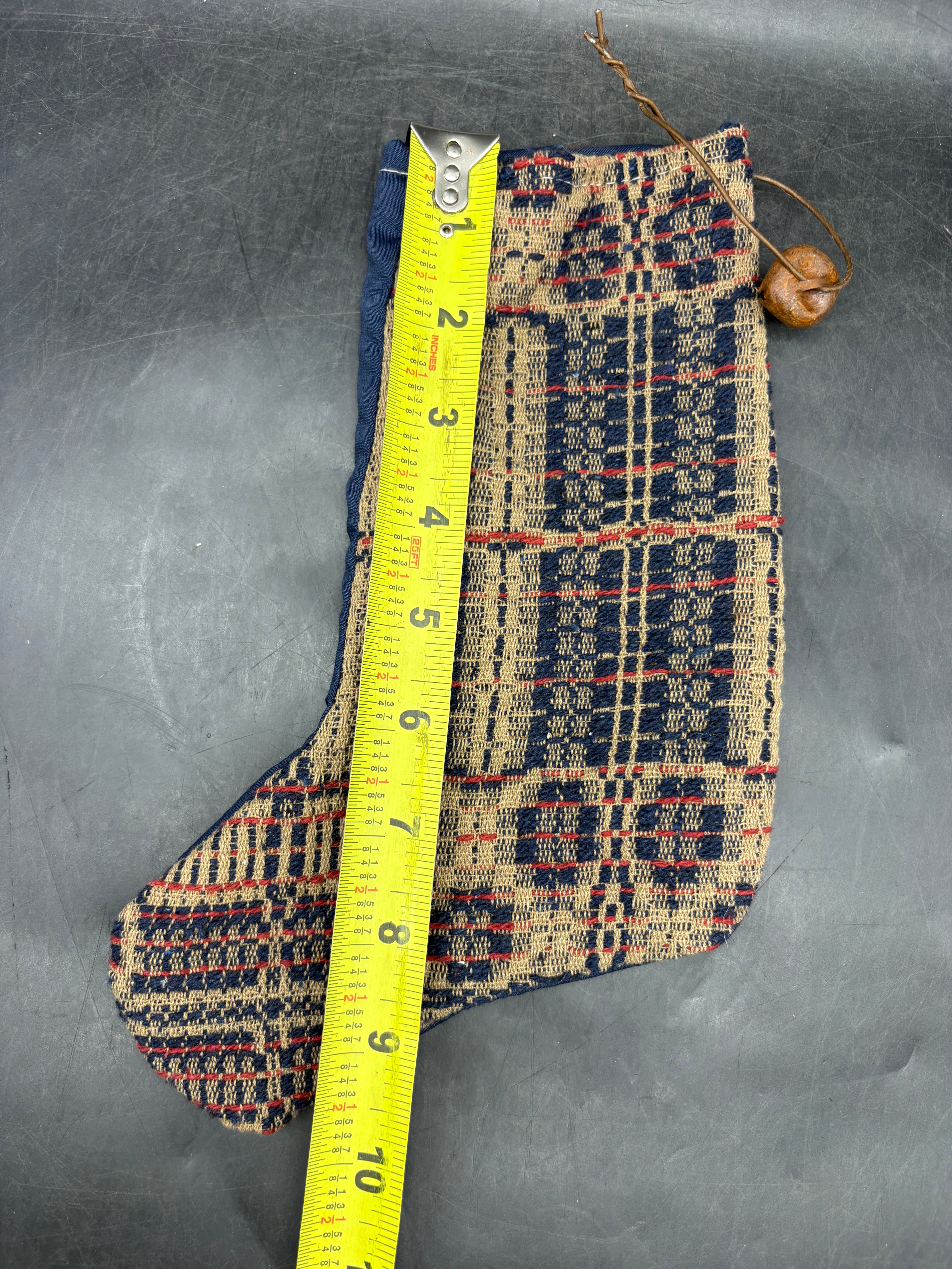 Handmade Coverlet Christmas Stocking — Medium 10" x 5" with Flannel Backing & Rusty Bell