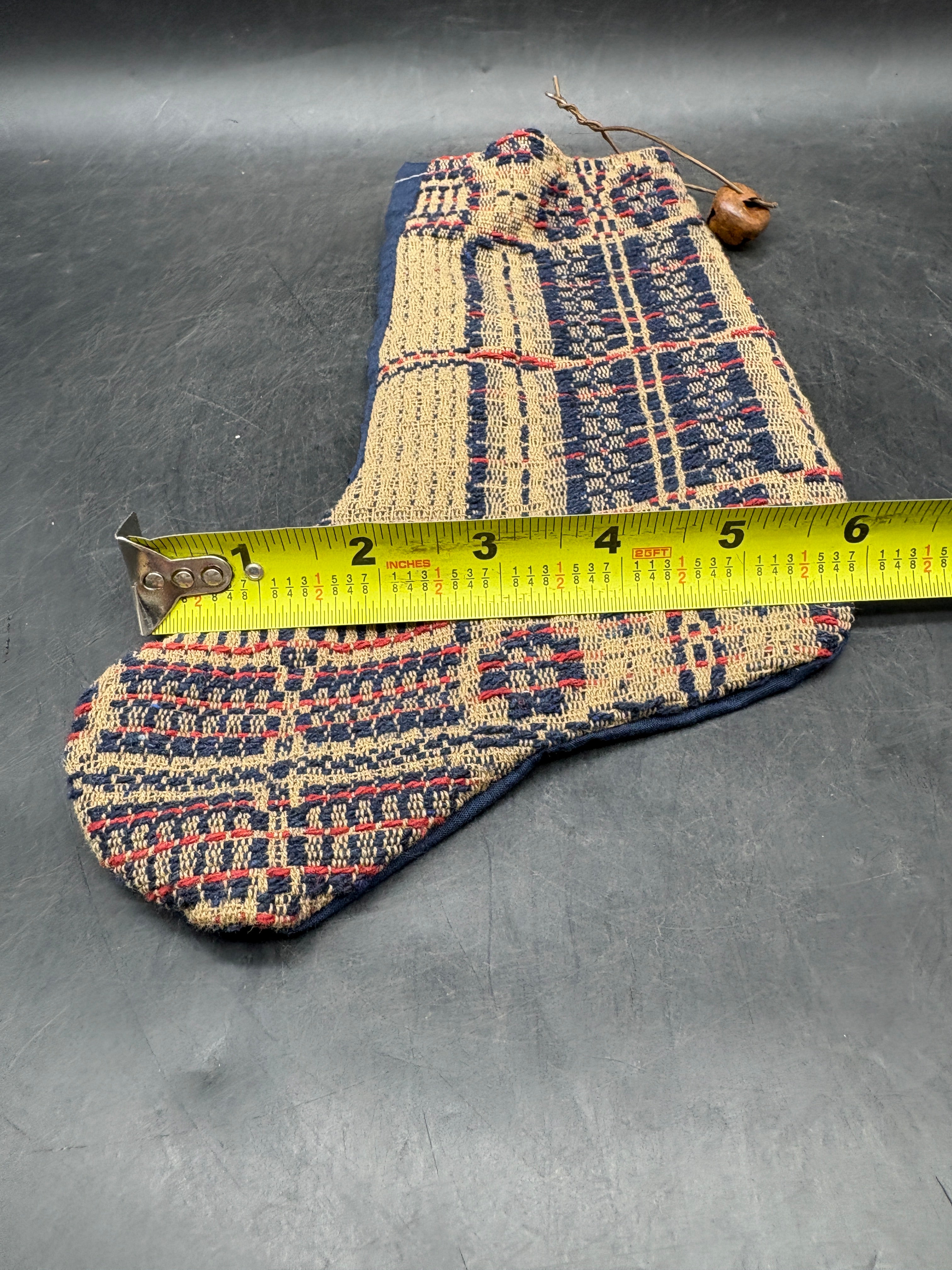 Handmade Coverlet Christmas Stocking — Medium 10" x 5" with Flannel Backing & Rusty Bell