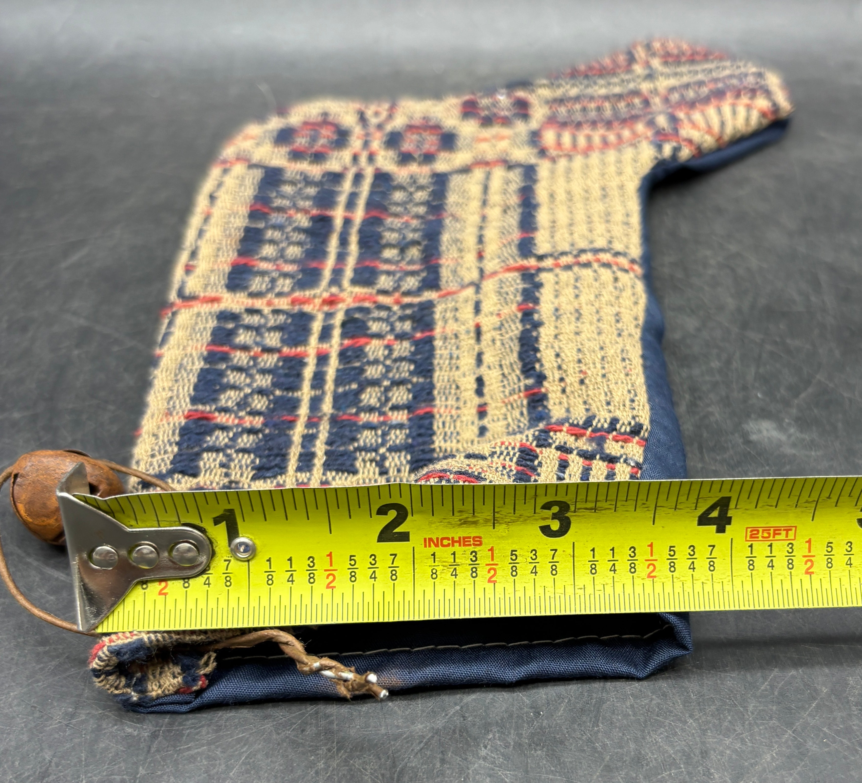Handmade Coverlet Christmas Stocking — Medium 10" x 5" with Flannel Backing & Rusty Bell