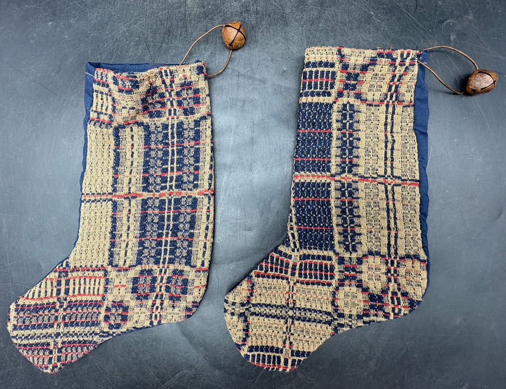 Handmade Coverlet Christmas Stocking — Medium 10" x 5" with Flannel Backing & Rusty Bell