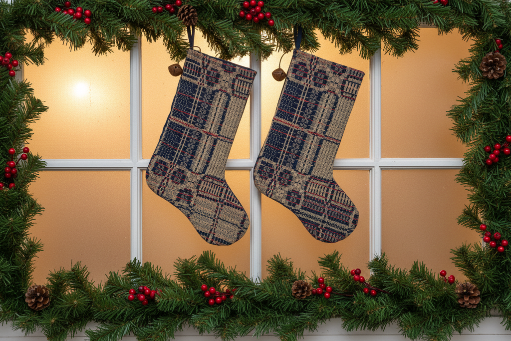 Handmade Coverlet Christmas Stocking — Medium 10" x 5" with Flannel Backing & Rusty Bell