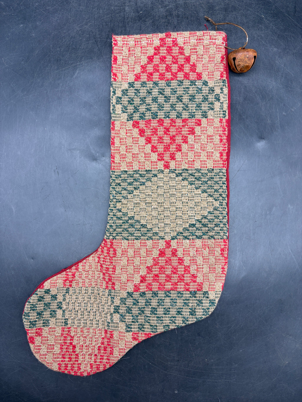 Handmade Coverlet Christmas Stocking — Large 15" x 9" with Flannel Backing & Rusty Bell