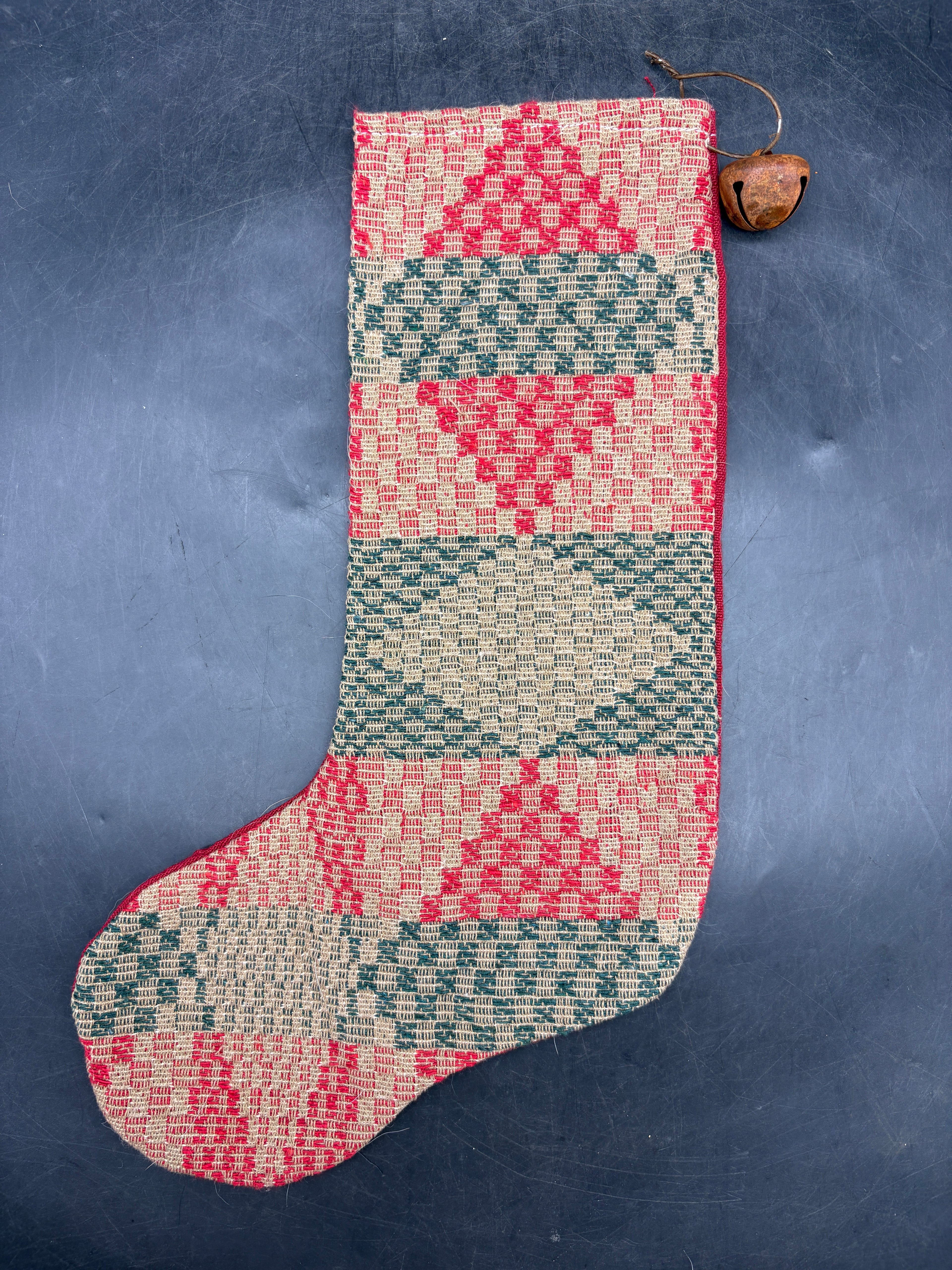 Handmade Coverlet Christmas Stocking — Large 15" x 9" with Flannel Backing & Rusty Bell