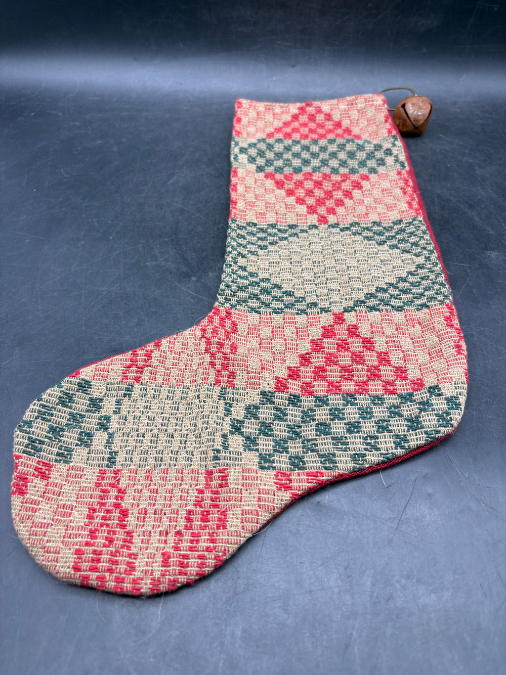 Handmade Coverlet Christmas Stocking — Large 15" x 9" with Flannel Backing & Rusty Bell