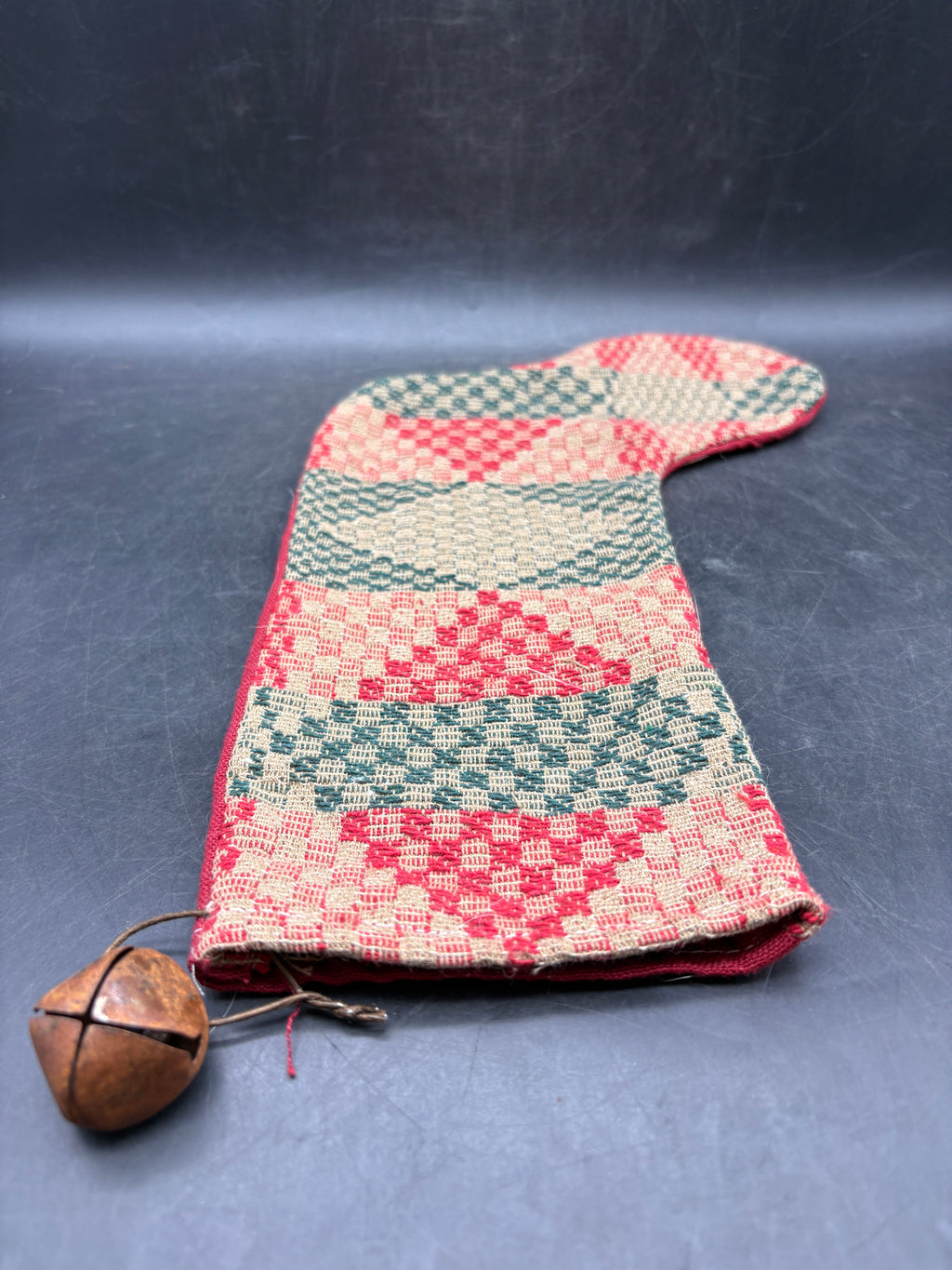 Handmade Coverlet Christmas Stocking — Large 15" x 9" with Flannel Backing & Rusty Bell