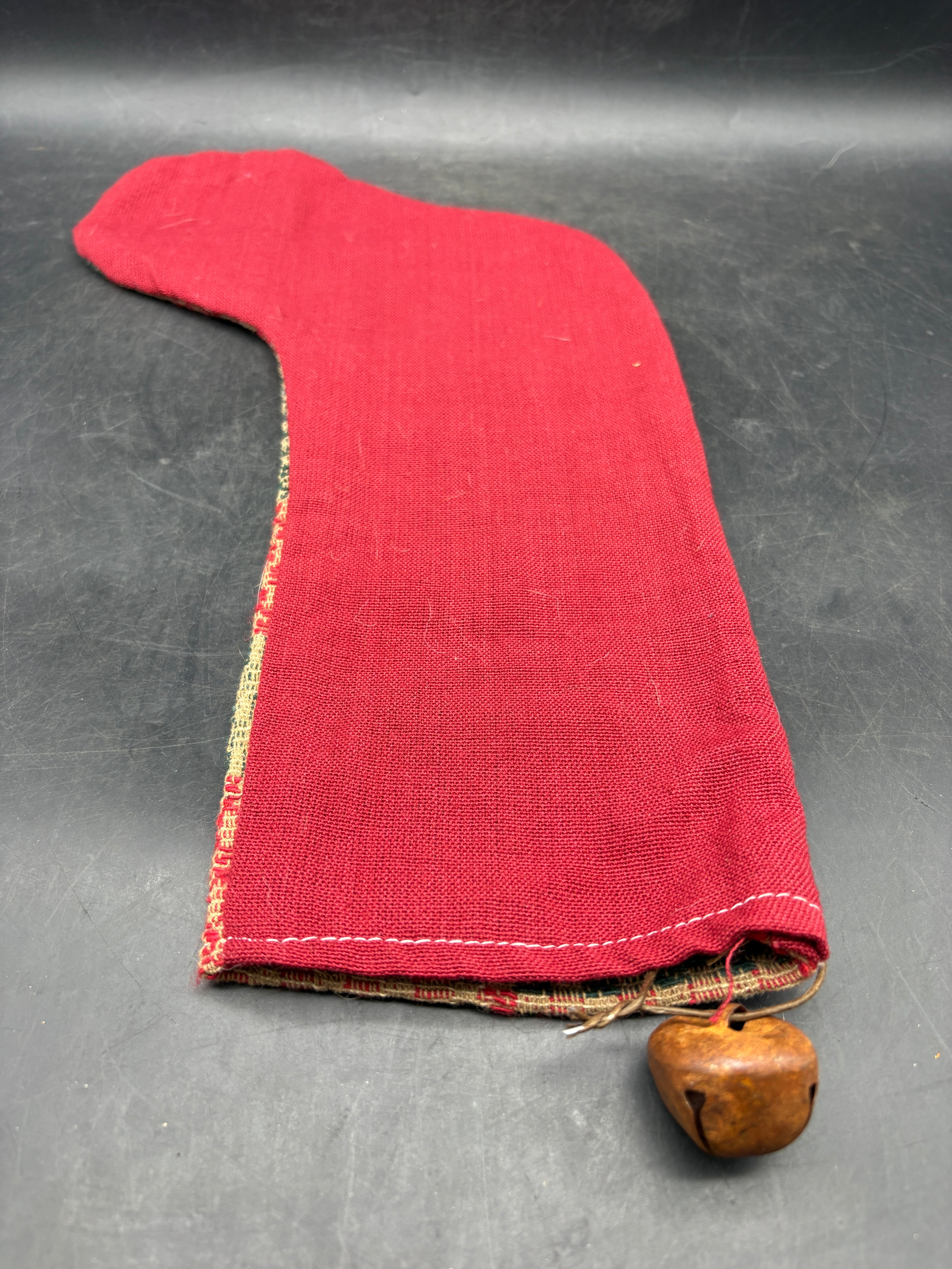 Handmade Coverlet Christmas Stocking — Large 15" x 9" with Flannel Backing & Rusty Bell