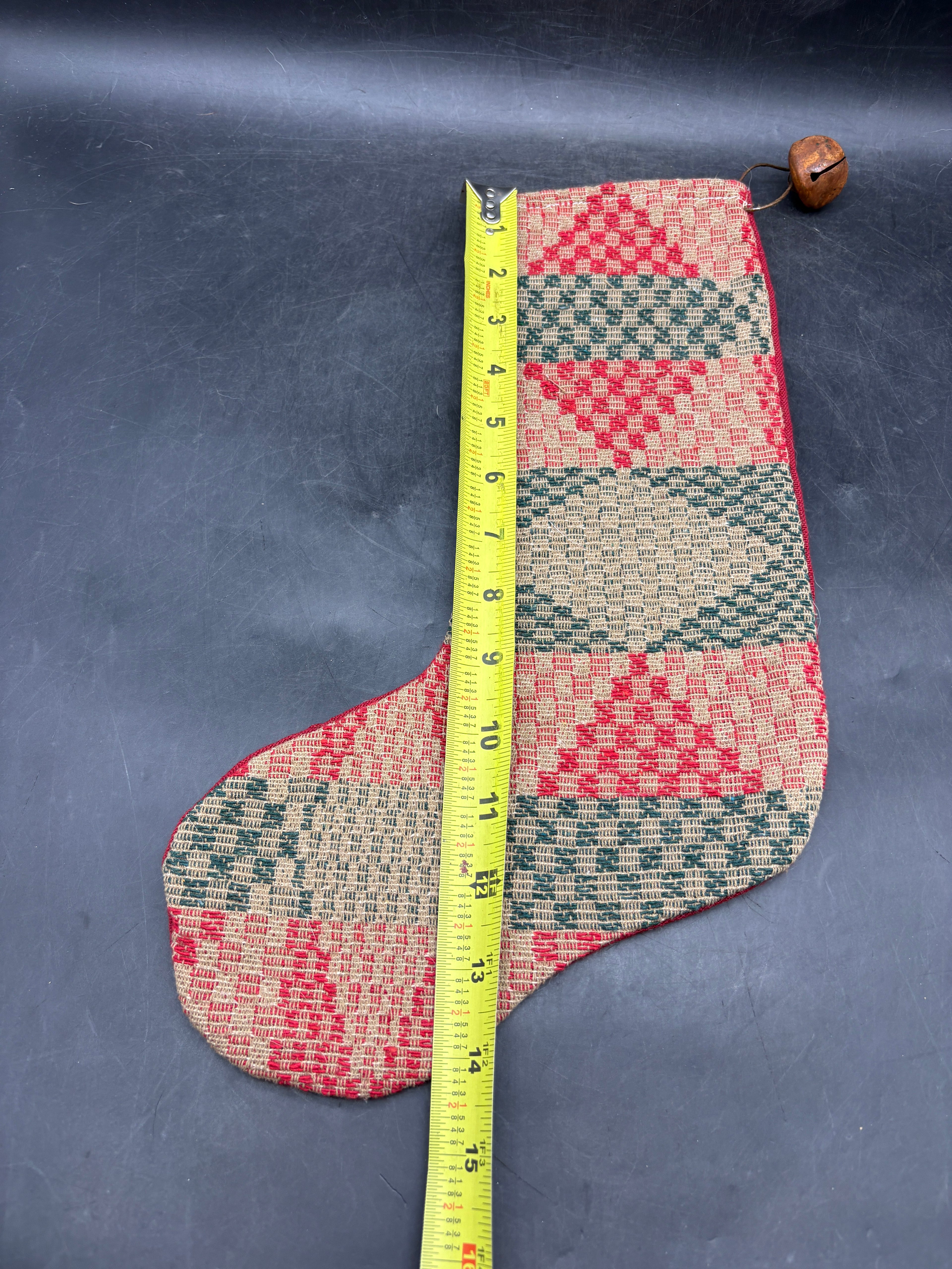 Handmade Coverlet Christmas Stocking — Large 15" x 9" with Flannel Backing & Rusty Bell