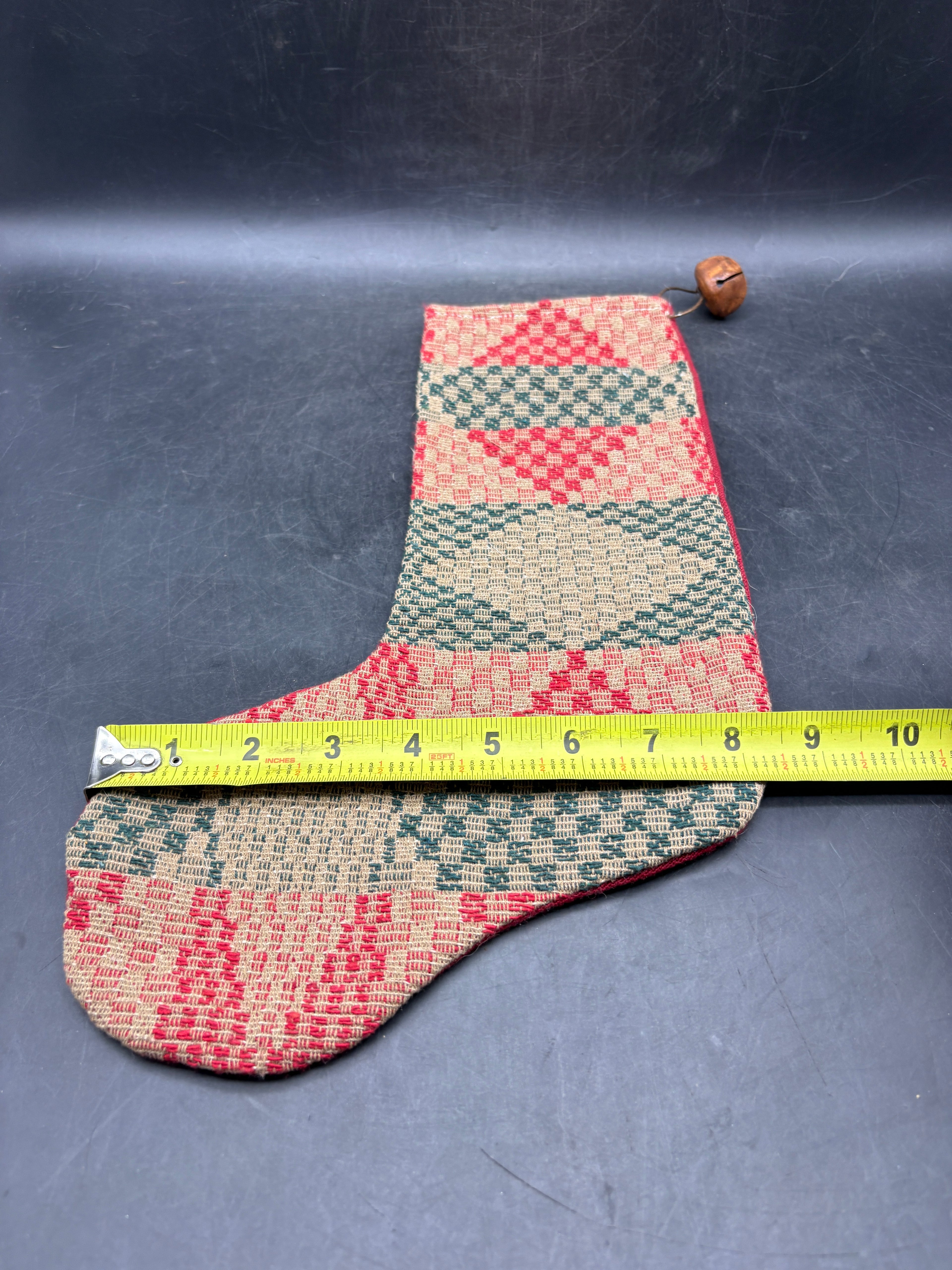 Handmade Coverlet Christmas Stocking — Large 15" x 9" with Flannel Backing & Rusty Bell