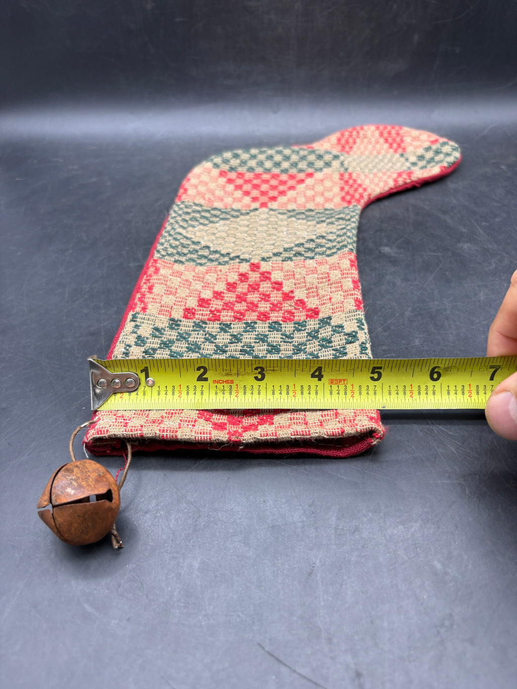 Handmade Coverlet Christmas Stocking — Large 15" x 9" with Flannel Backing & Rusty Bell