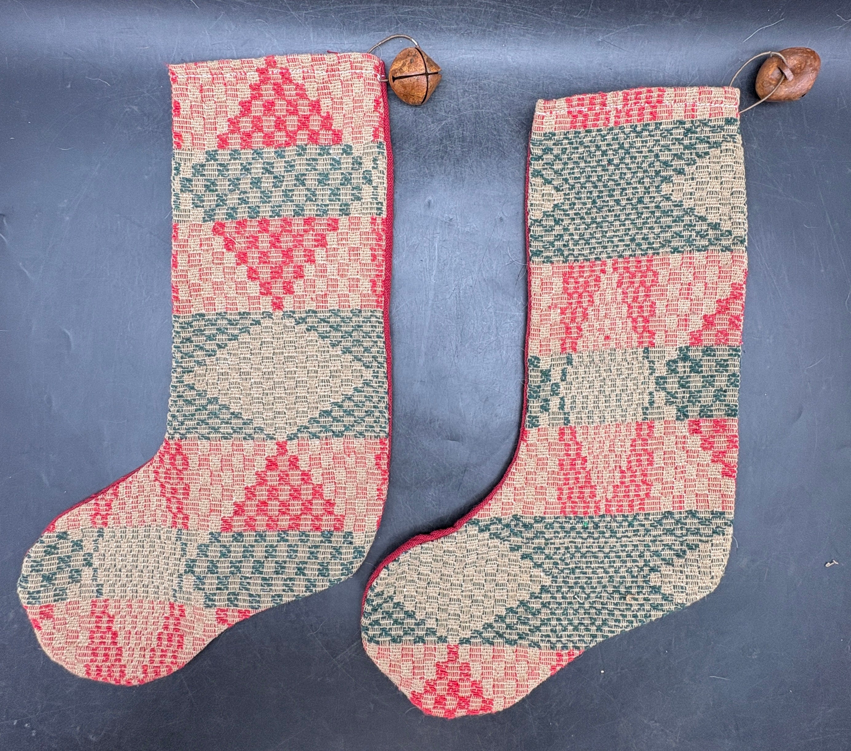 Handmade Coverlet Christmas Stocking — Large 15" x 9" with Flannel Backing & Rusty Bell