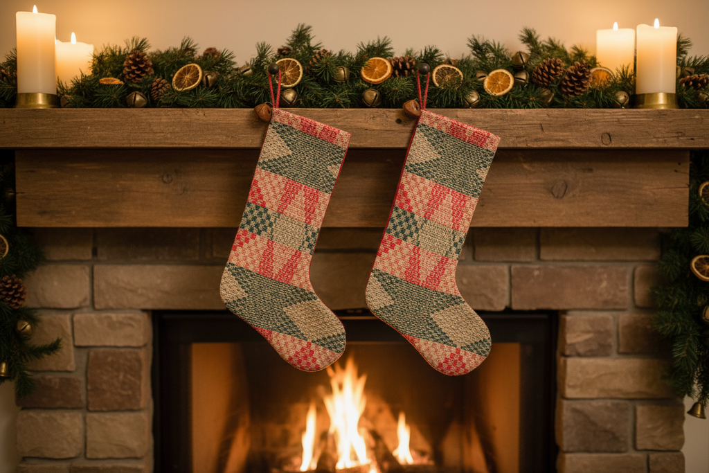 Handmade Coverlet Christmas Stocking — Large 15" x 9" with Flannel Backing & Rusty Bell