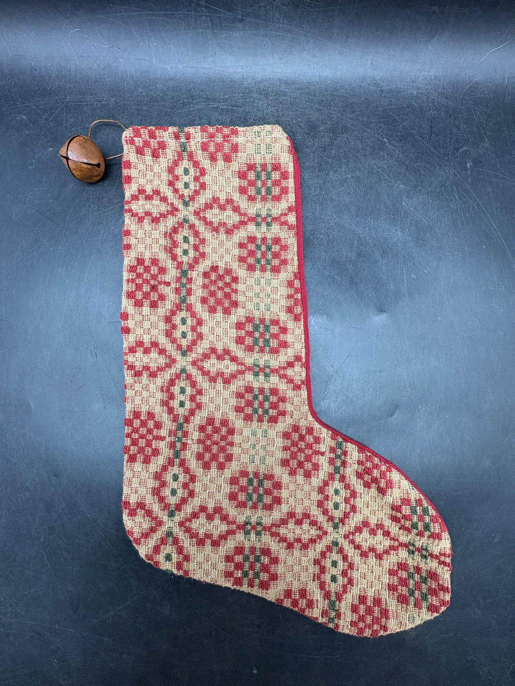 Handmade Coverlet Christmas Stocking — Large 15" x 9" with Flannel Backing & Rusty Bell