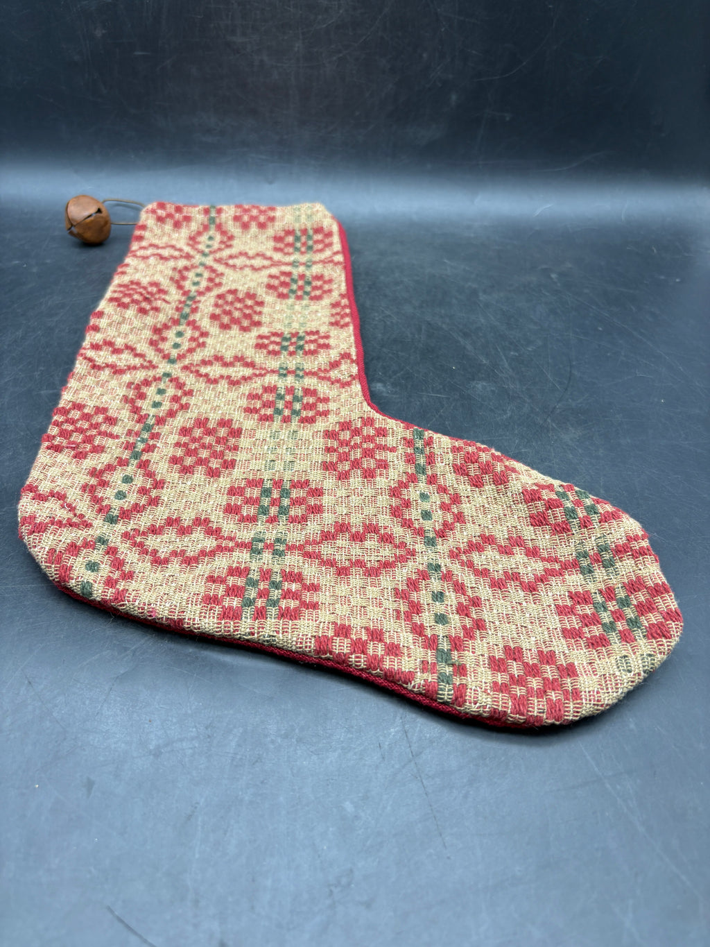 Handmade Coverlet Christmas Stocking — Large 15" x 9" with Flannel Backing & Rusty Bell