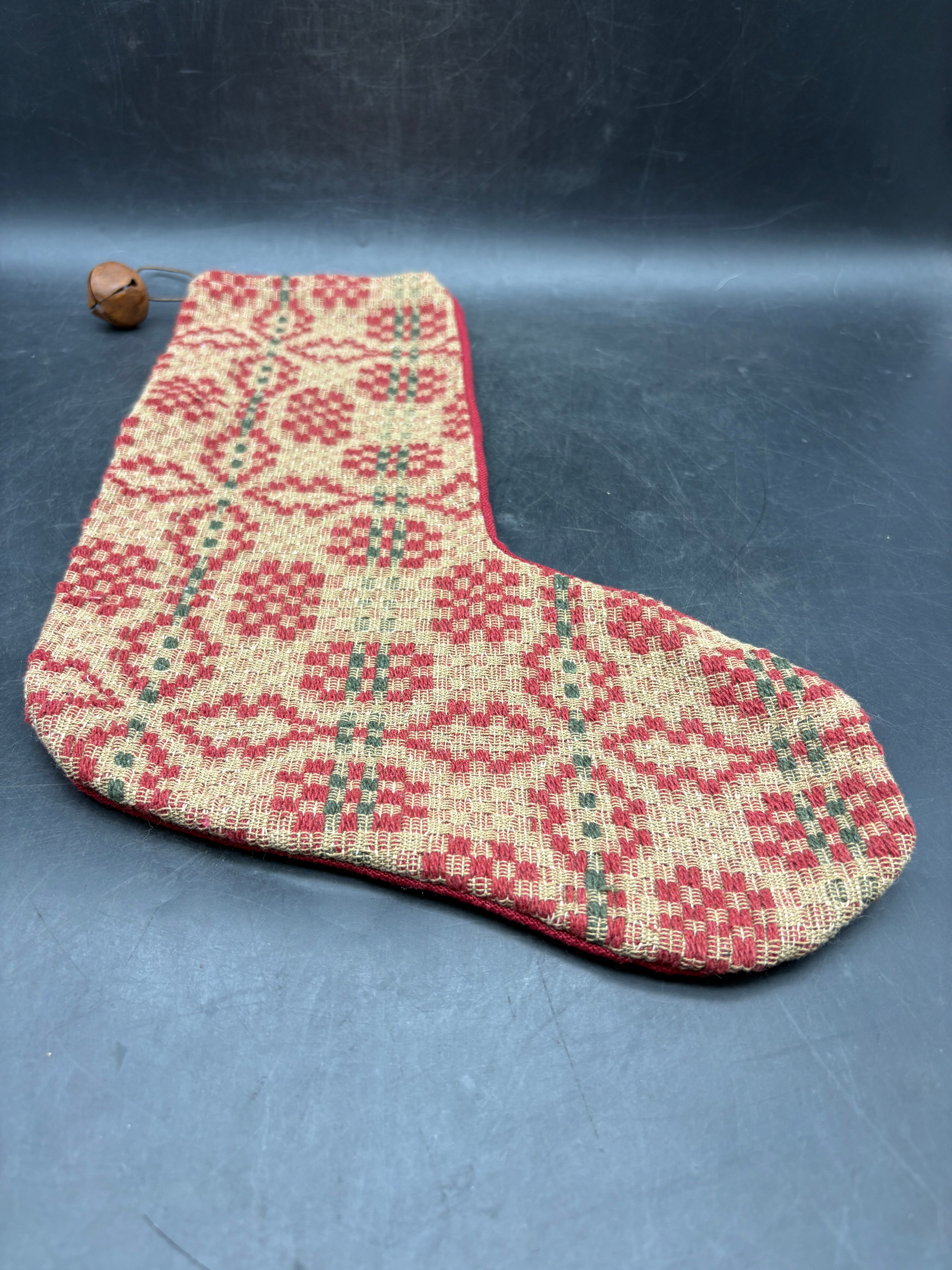 Handmade Coverlet Christmas Stocking — Large 15" x 9" with Flannel Backing & Rusty Bell