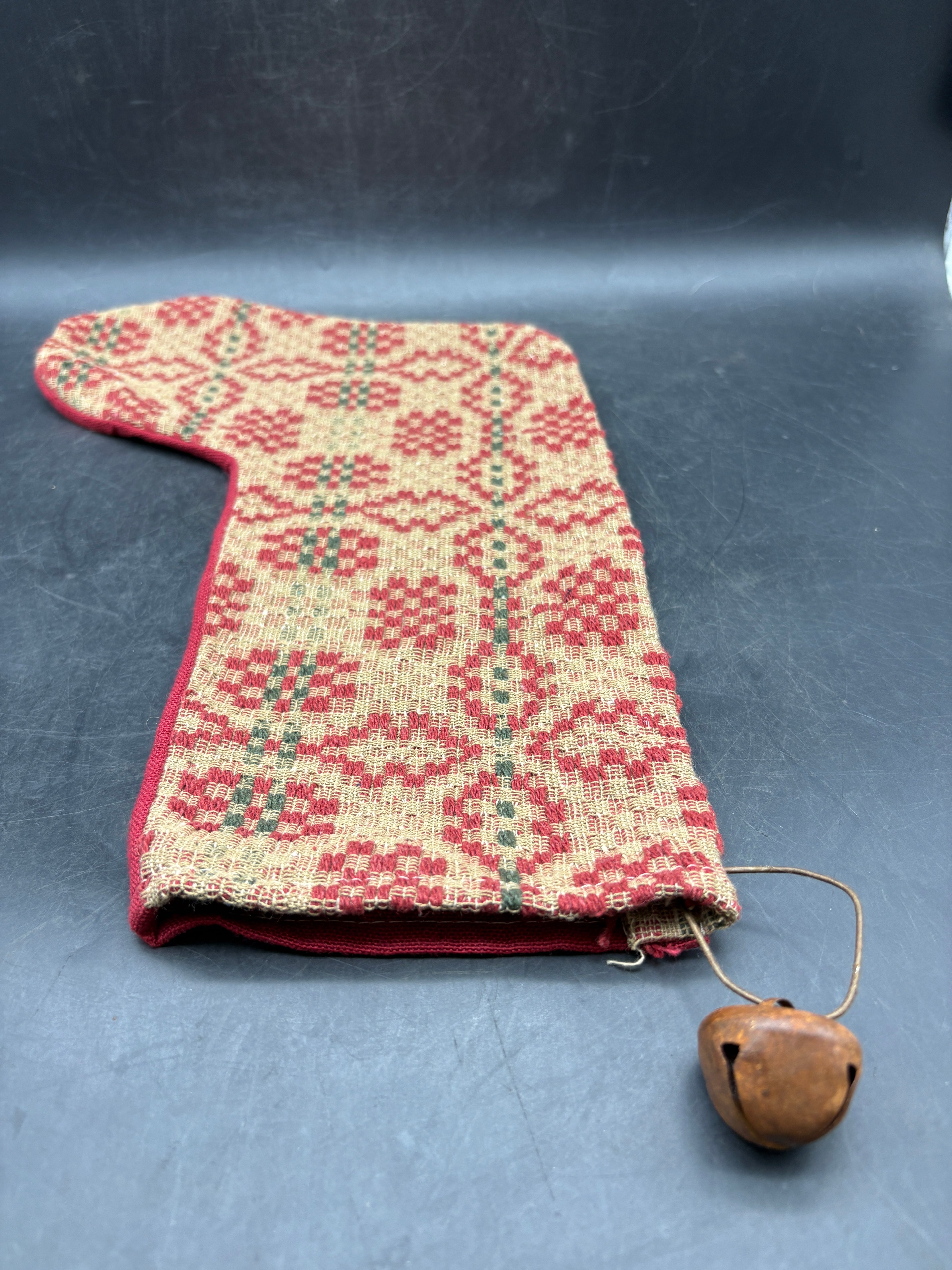 Handmade Coverlet Christmas Stocking — Large 15" x 9" with Flannel Backing & Rusty Bell