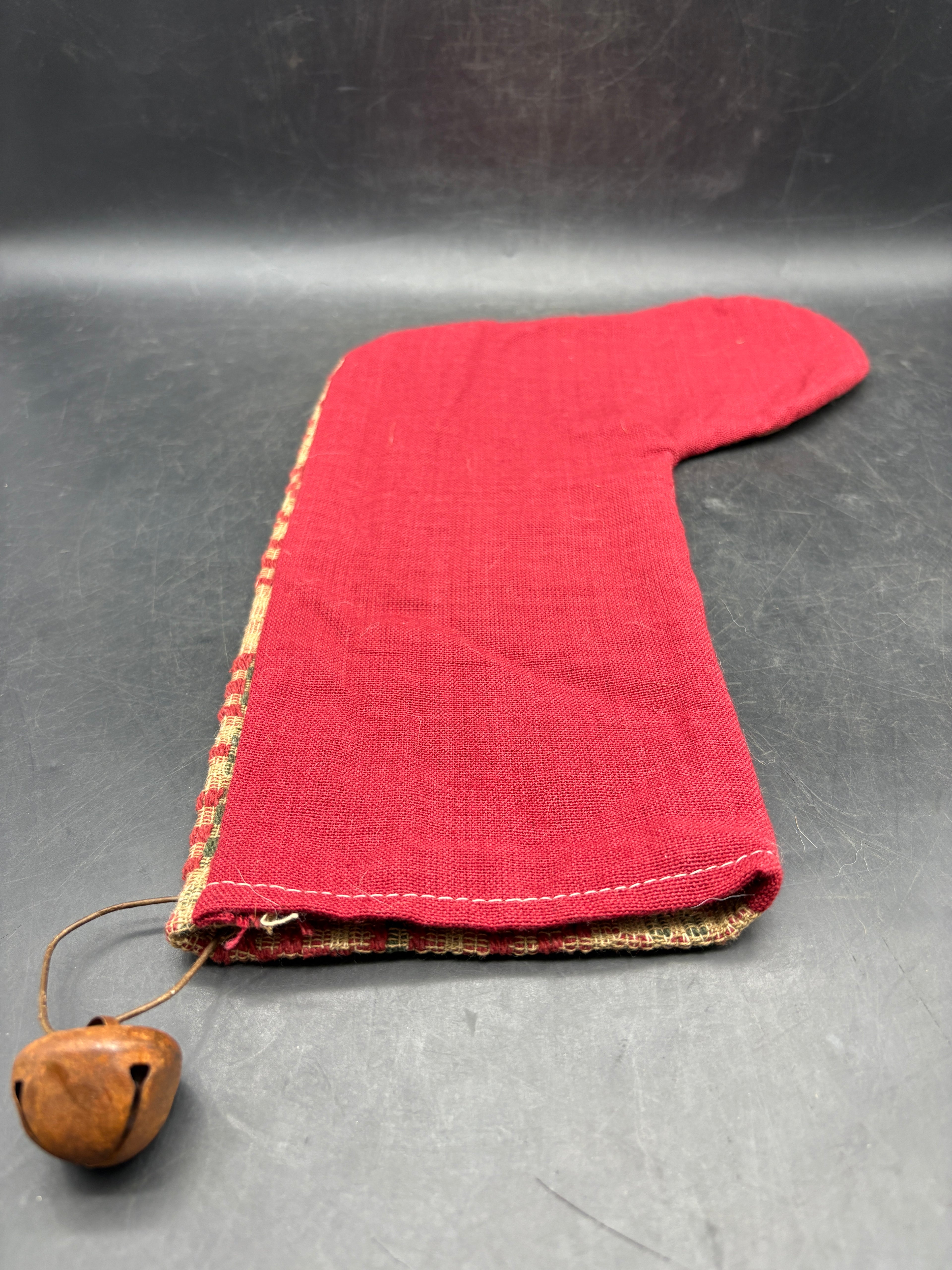 Handmade Coverlet Christmas Stocking — Large 15" x 9" with Flannel Backing & Rusty Bell