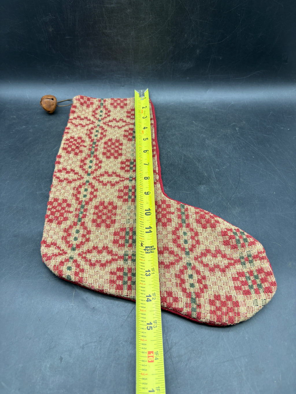 Handmade Coverlet Christmas Stocking — Large 15" x 9" with Flannel Backing & Rusty Bell