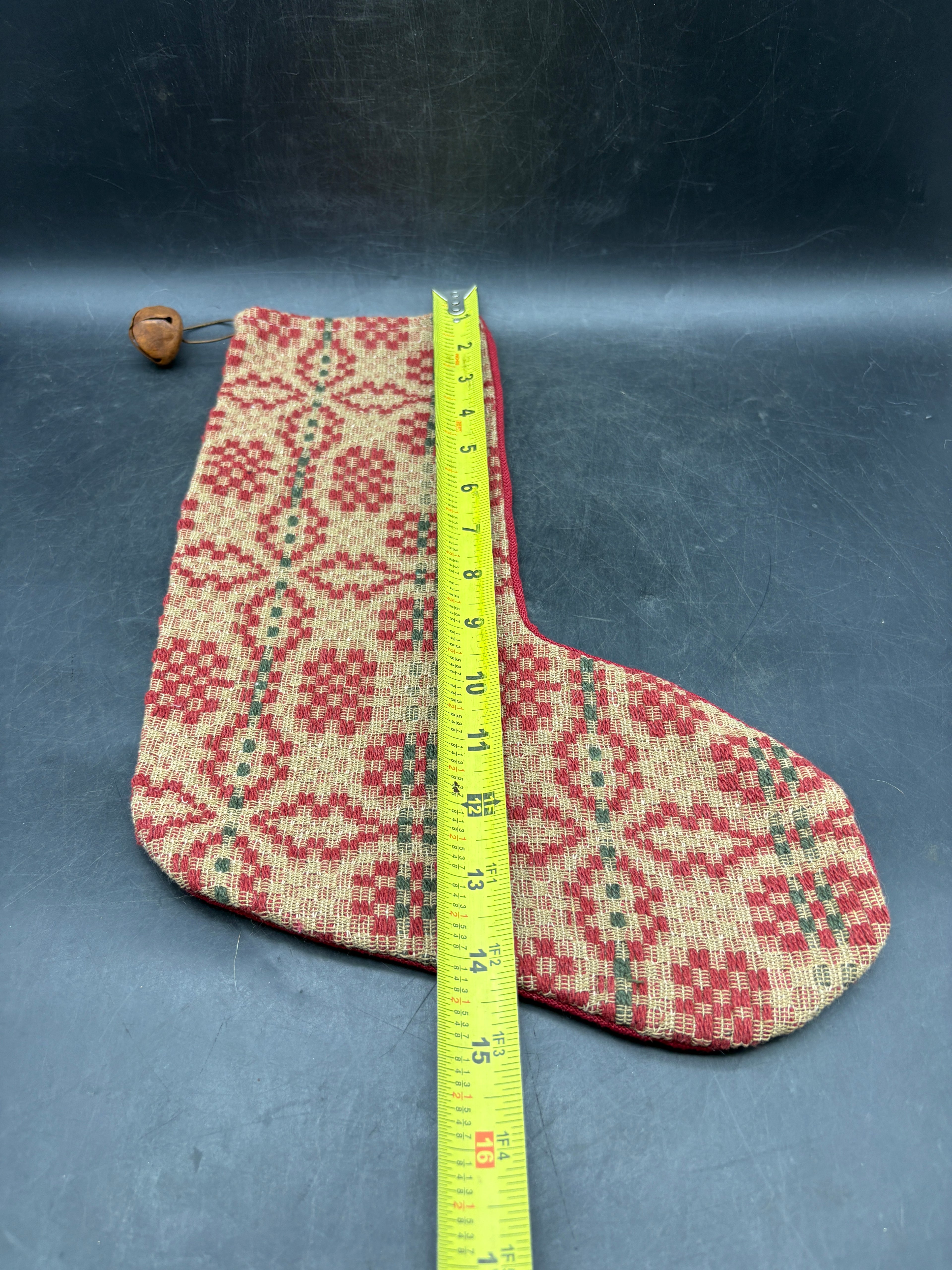 Handmade Coverlet Christmas Stocking — Large 15" x 9" with Flannel Backing & Rusty Bell