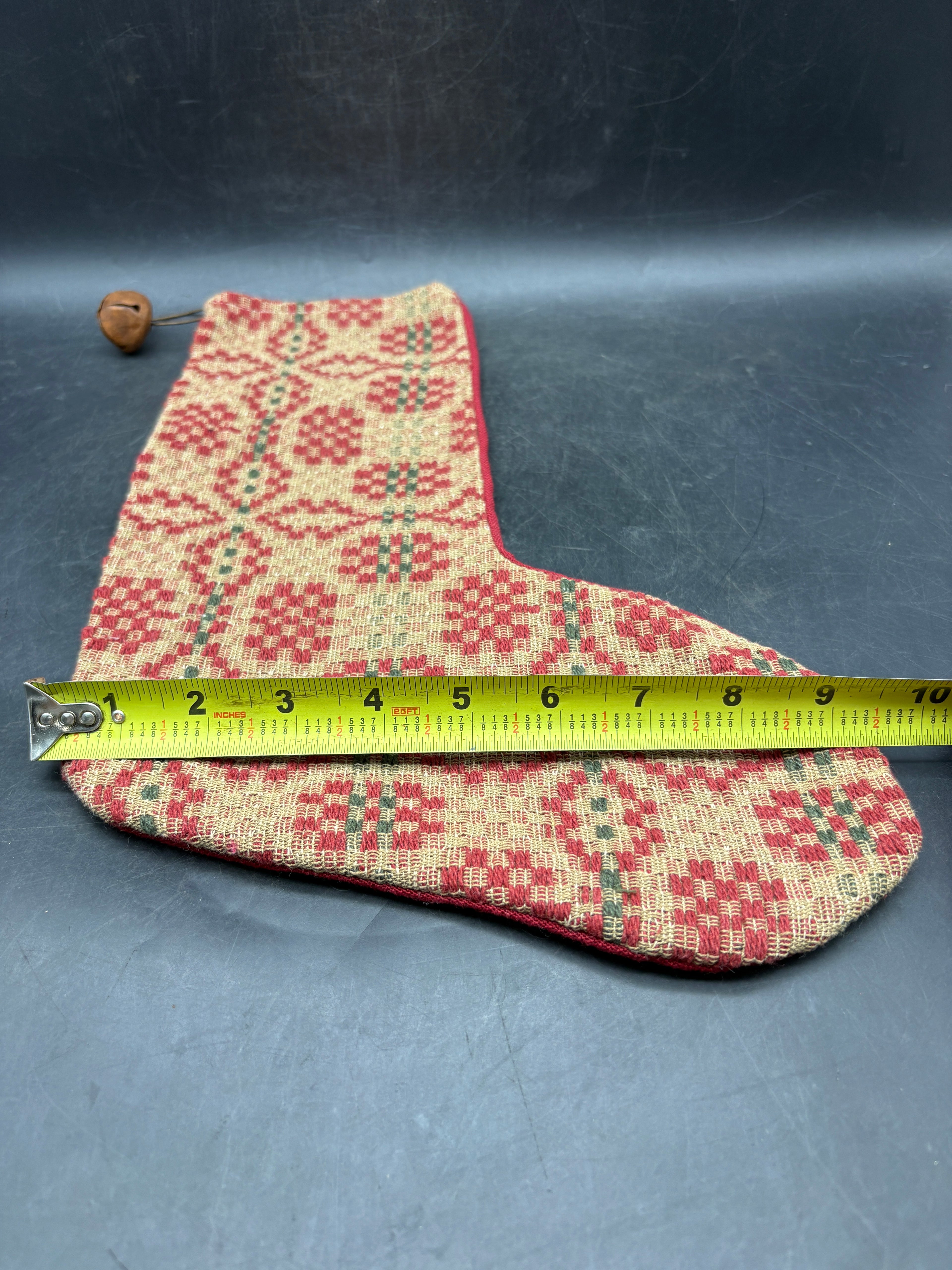 Handmade Coverlet Christmas Stocking — Large 15" x 9" with Flannel Backing & Rusty Bell