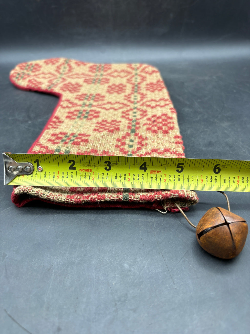 Handmade Coverlet Christmas Stocking — Large 15" x 9" with Flannel Backing & Rusty Bell