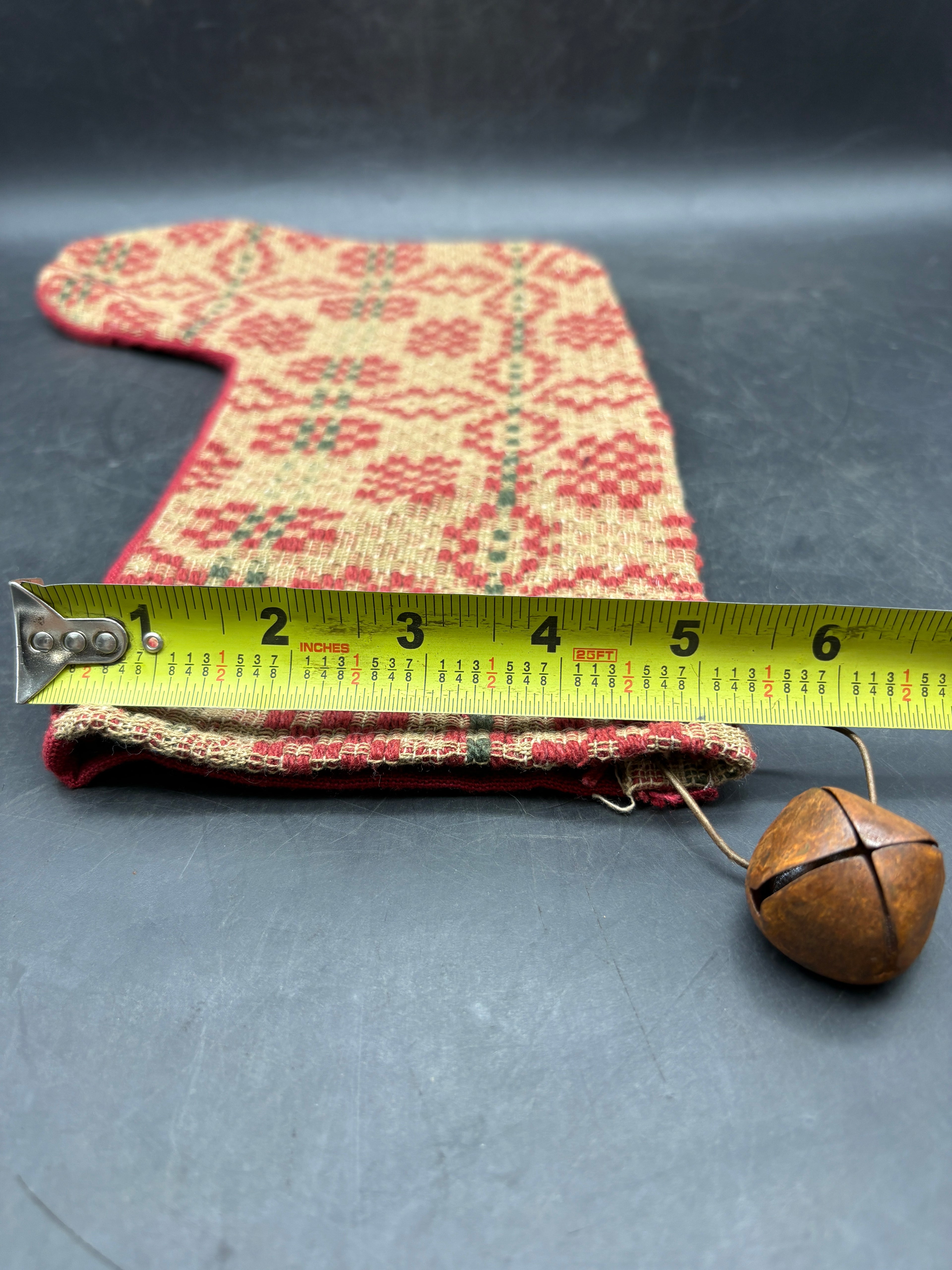 Handmade Coverlet Christmas Stocking — Large 15" x 9" with Flannel Backing & Rusty Bell