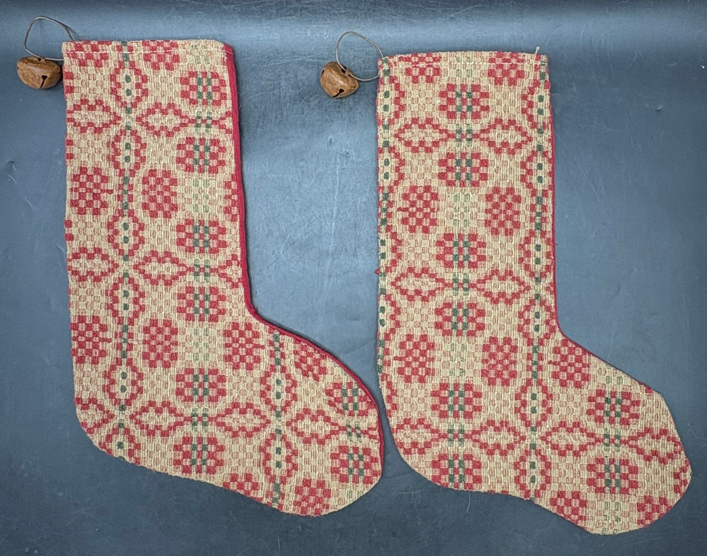Handmade Coverlet Christmas Stocking — Large 15" x 9" with Flannel Backing & Rusty Bell