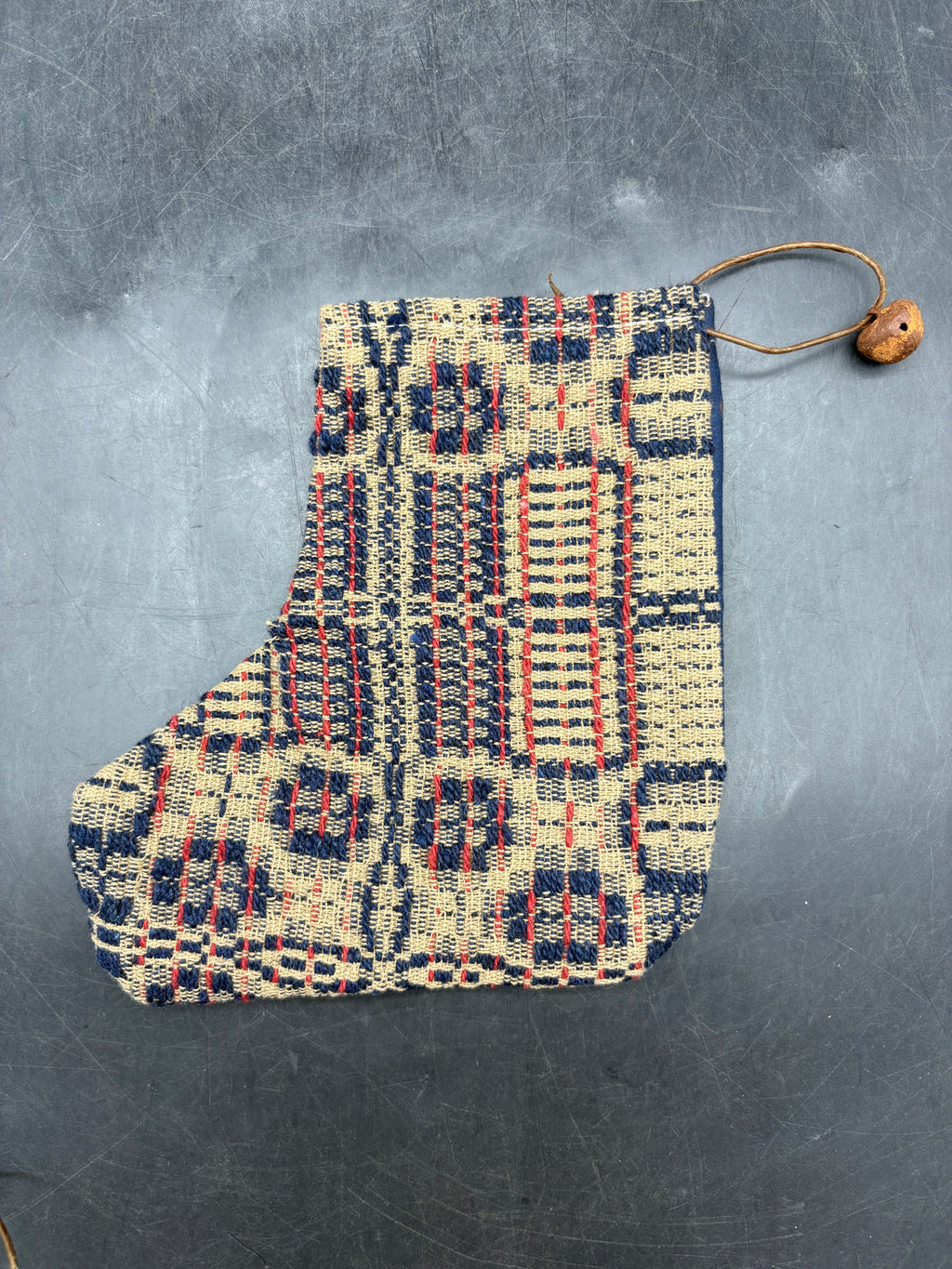 Handmade Coverlet Christmas Stocking — Small 6½" x 5" with Flannel Backing & Rusty Bell
