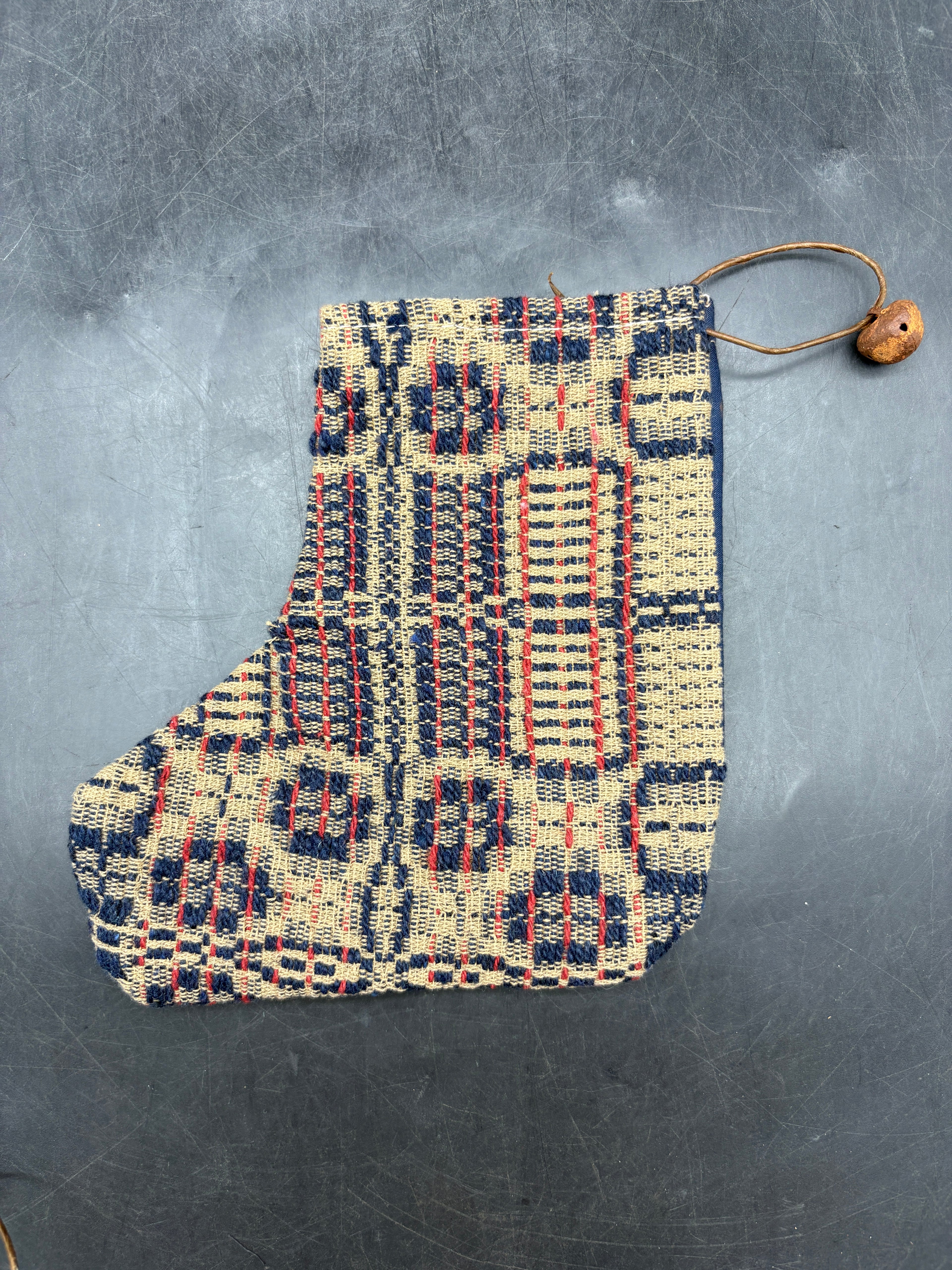Handmade Coverlet Christmas Stocking — Small 6½" x 5" with Flannel Backing & Rusty Bell