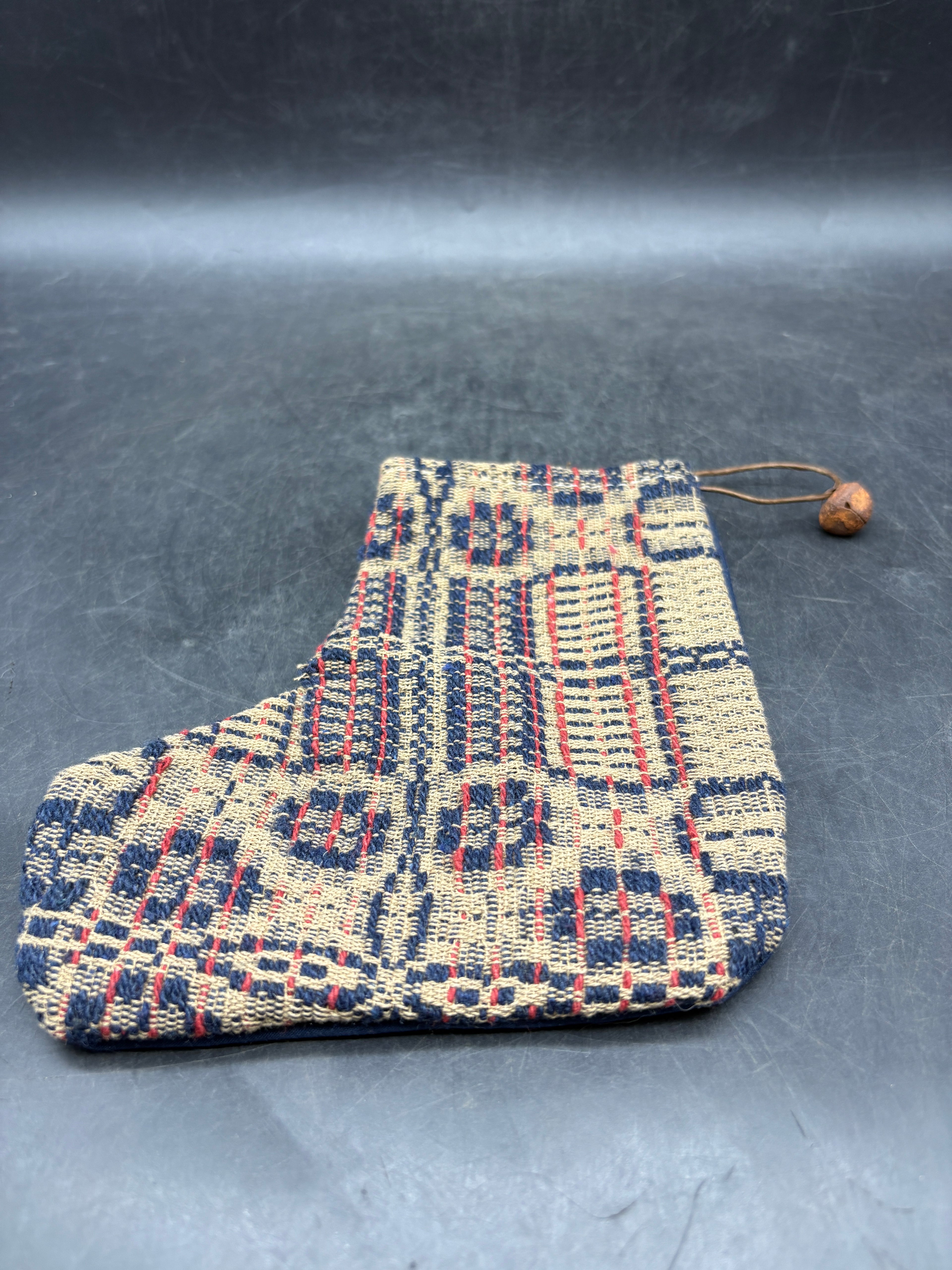 Handmade Coverlet Christmas Stocking — Small 6½" x 5" with Flannel Backing & Rusty Bell