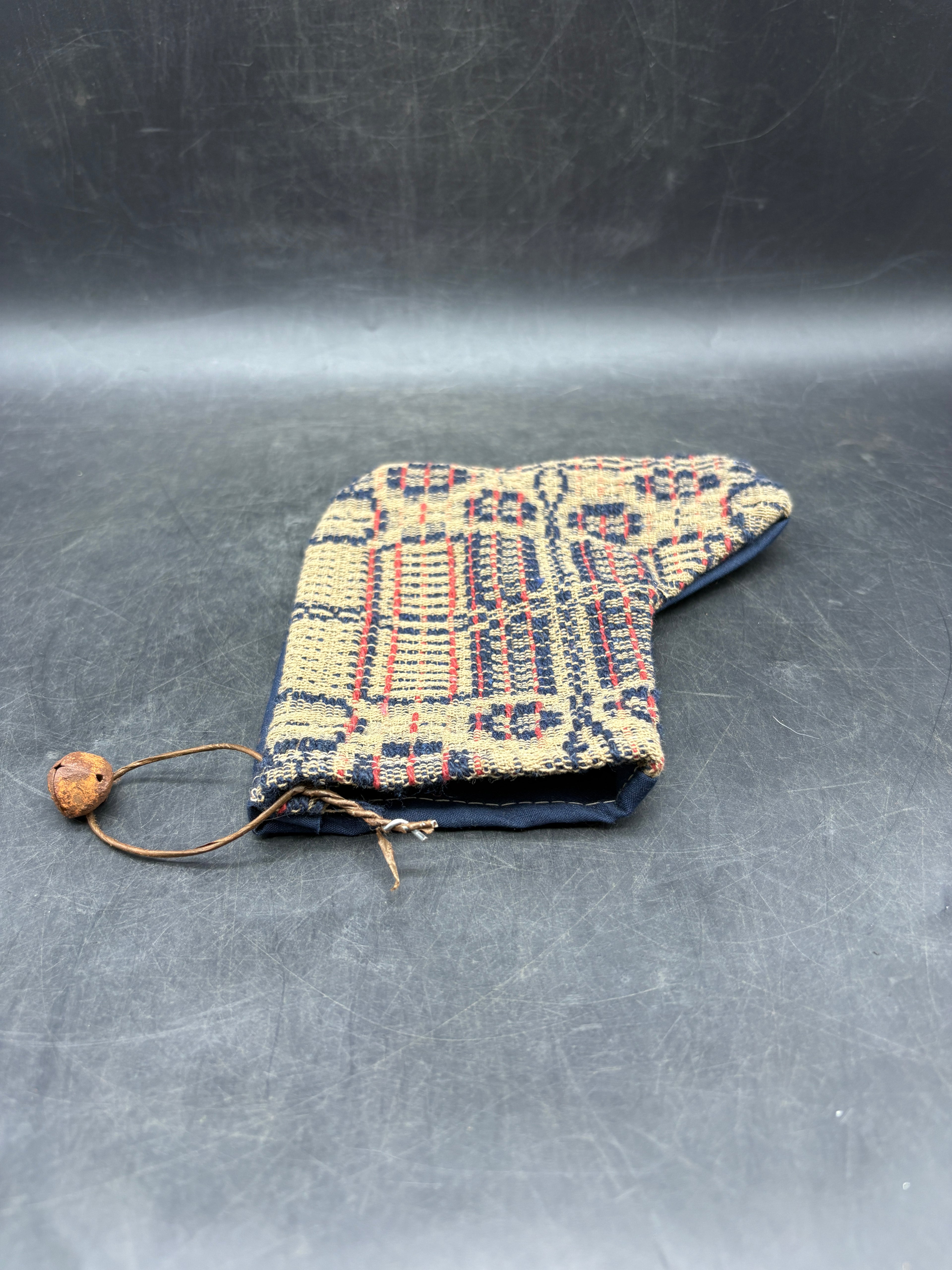 Handmade Coverlet Christmas Stocking — Small 6½" x 5" with Flannel Backing & Rusty Bell
