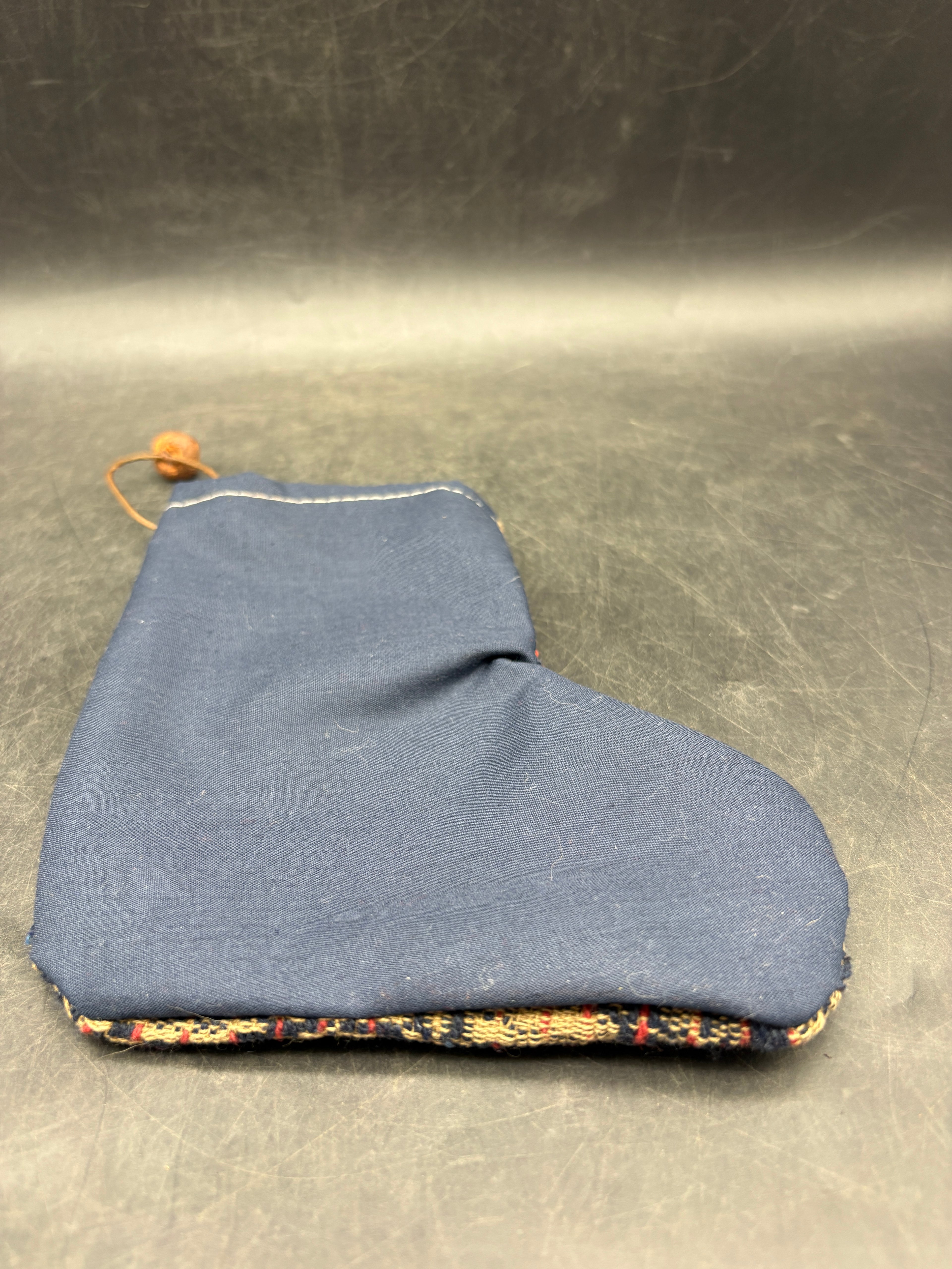 Handmade Coverlet Christmas Stocking — Small 6½" x 5" with Flannel Backing & Rusty Bell