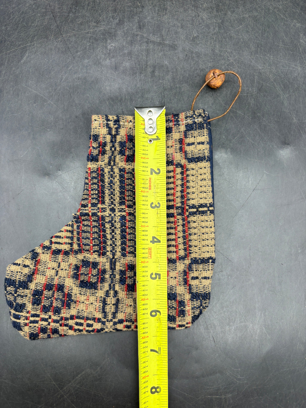 Handmade Coverlet Christmas Stocking — Small 6½" x 5" with Flannel Backing & Rusty Bell