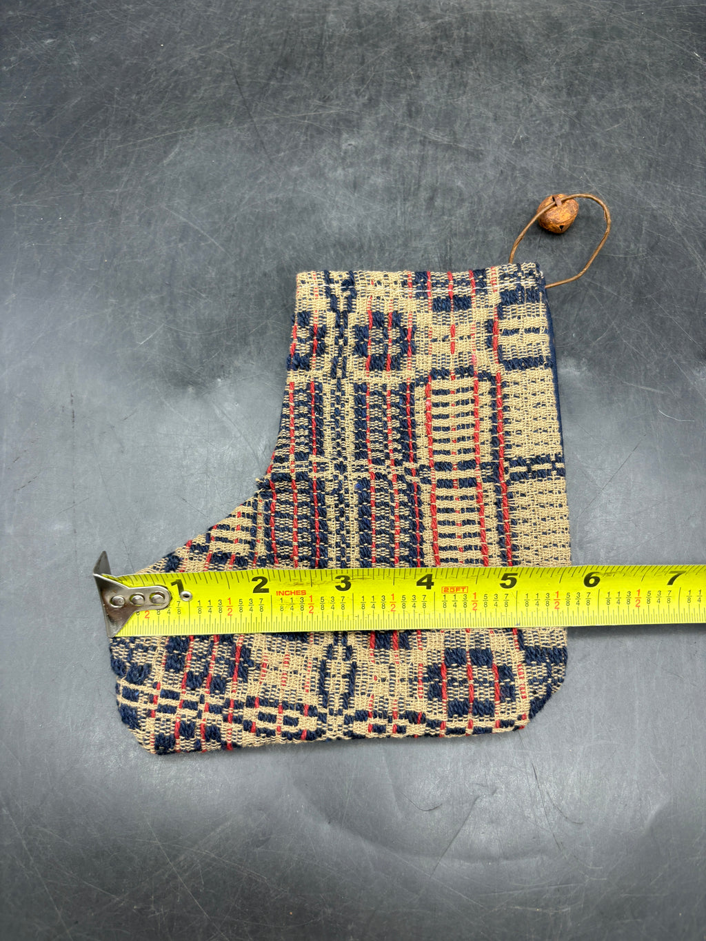 Handmade Coverlet Christmas Stocking — Small 6½" x 5" with Flannel Backing & Rusty Bell