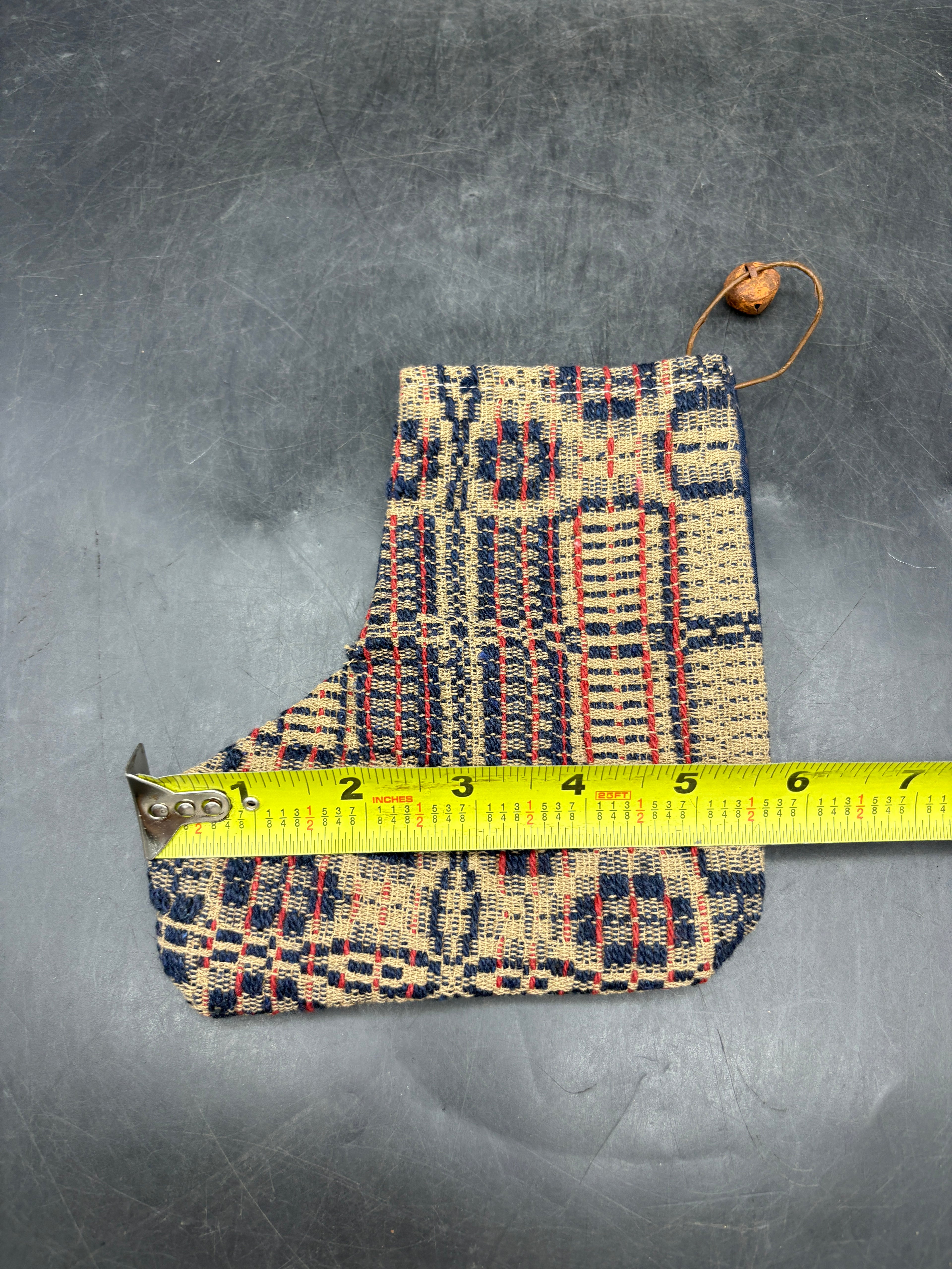 Handmade Coverlet Christmas Stocking — Small 6½" x 5" with Flannel Backing & Rusty Bell