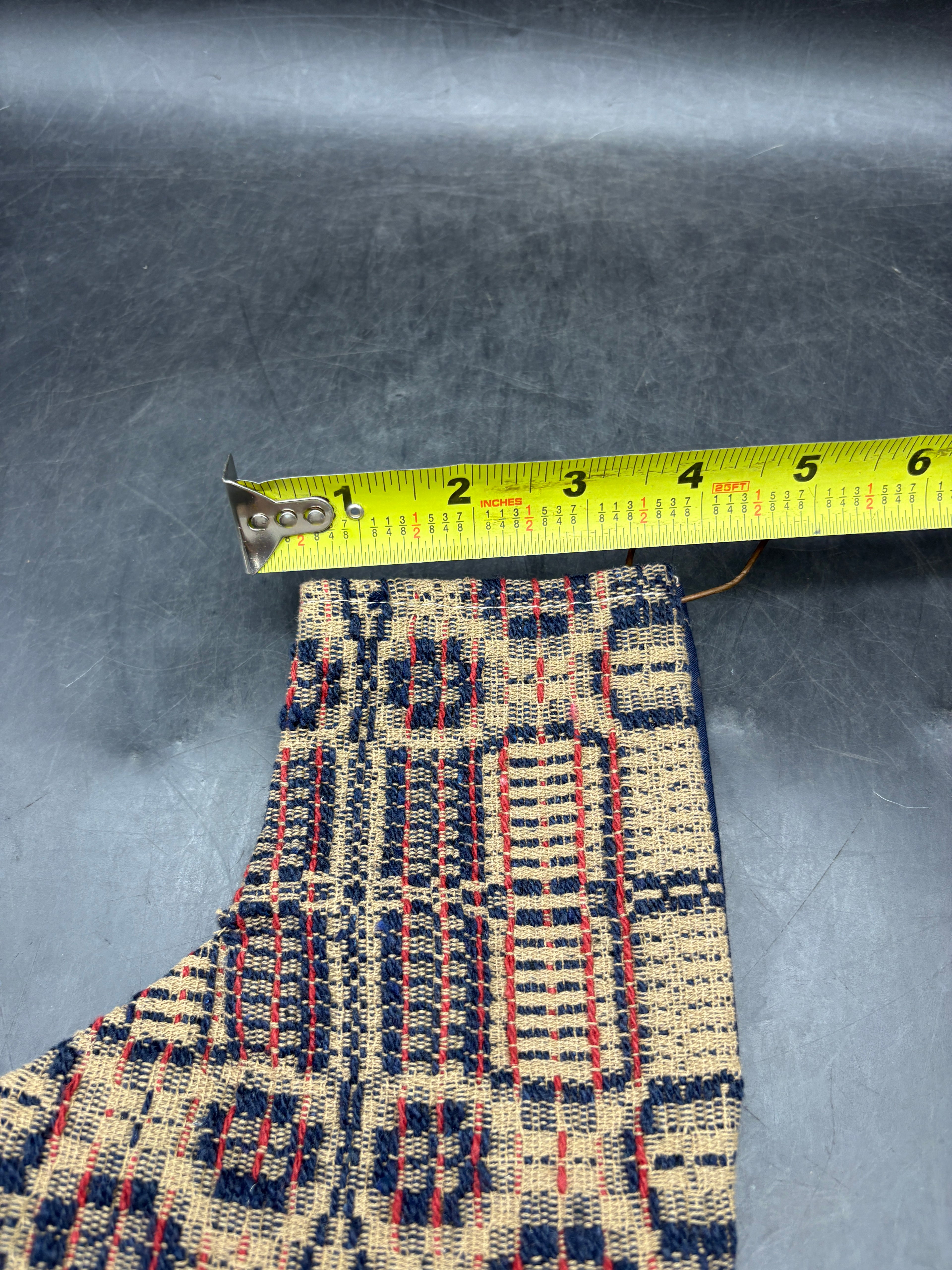 Handmade Coverlet Christmas Stocking — Small 6½" x 5" with Flannel Backing & Rusty Bell