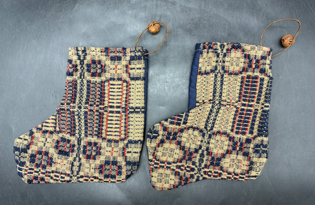 Handmade Coverlet Christmas Stocking — Small 6½" x 5" with Flannel Backing & Rusty Bell