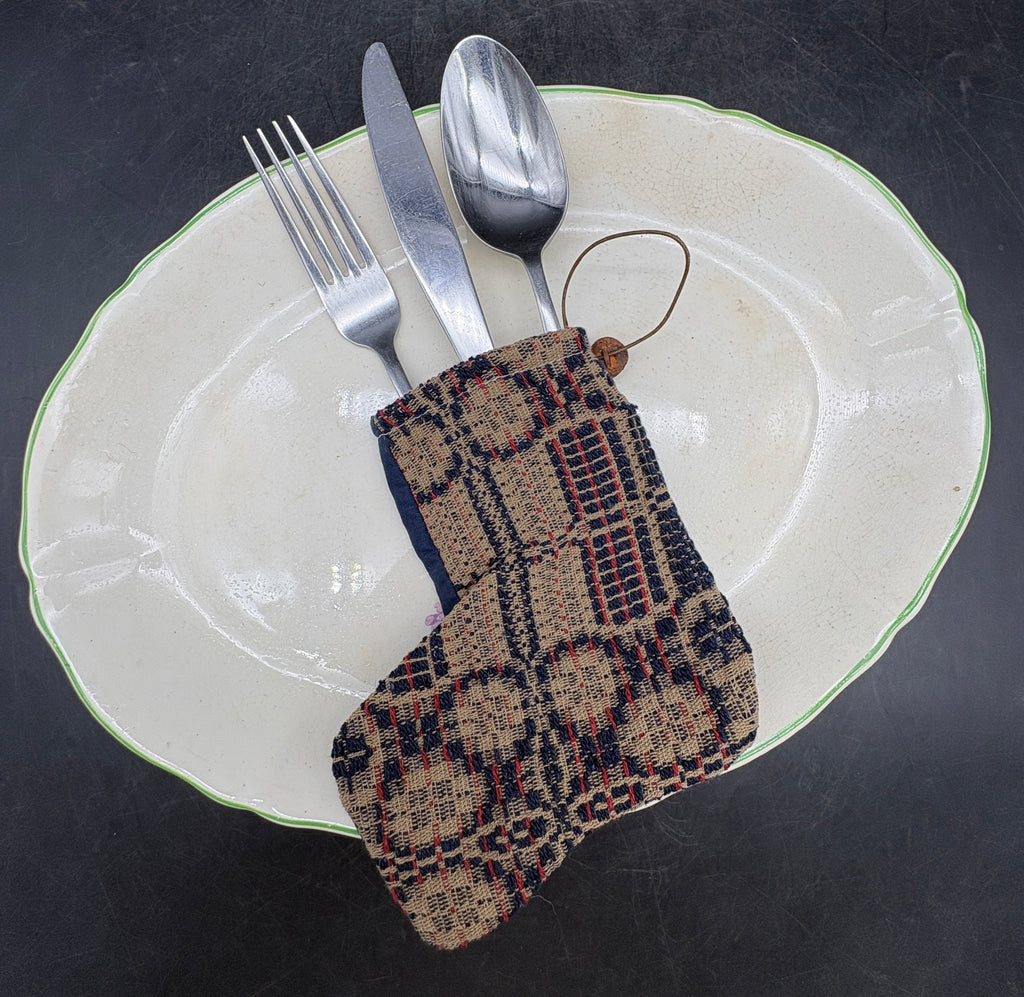Handmade Coverlet Christmas Stocking — Small 6½" x 5" with Flannel Backing & Rusty Bell