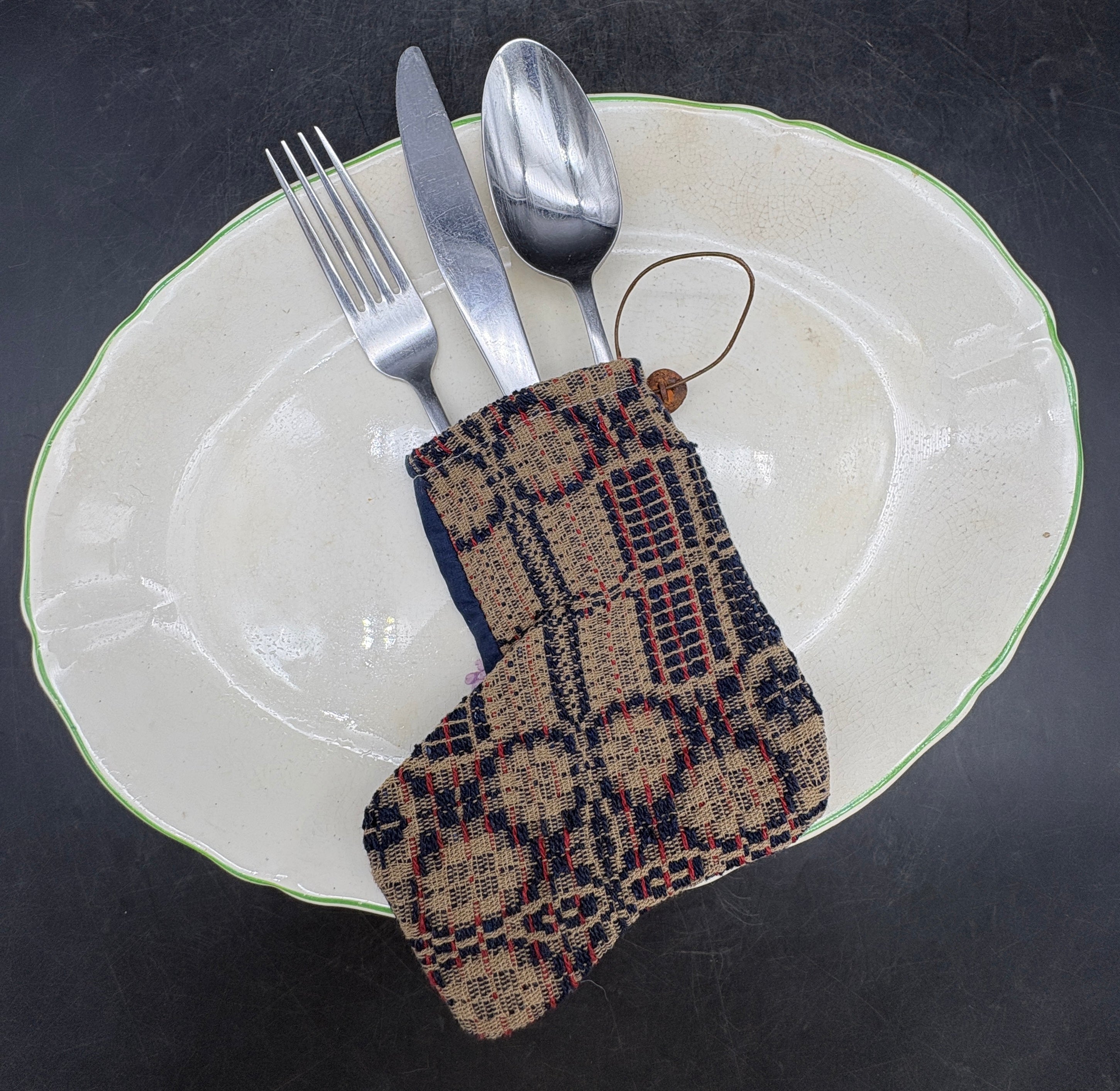 Handmade Coverlet Christmas Stocking — Small 6½" x 5" with Flannel Backing & Rusty Bell