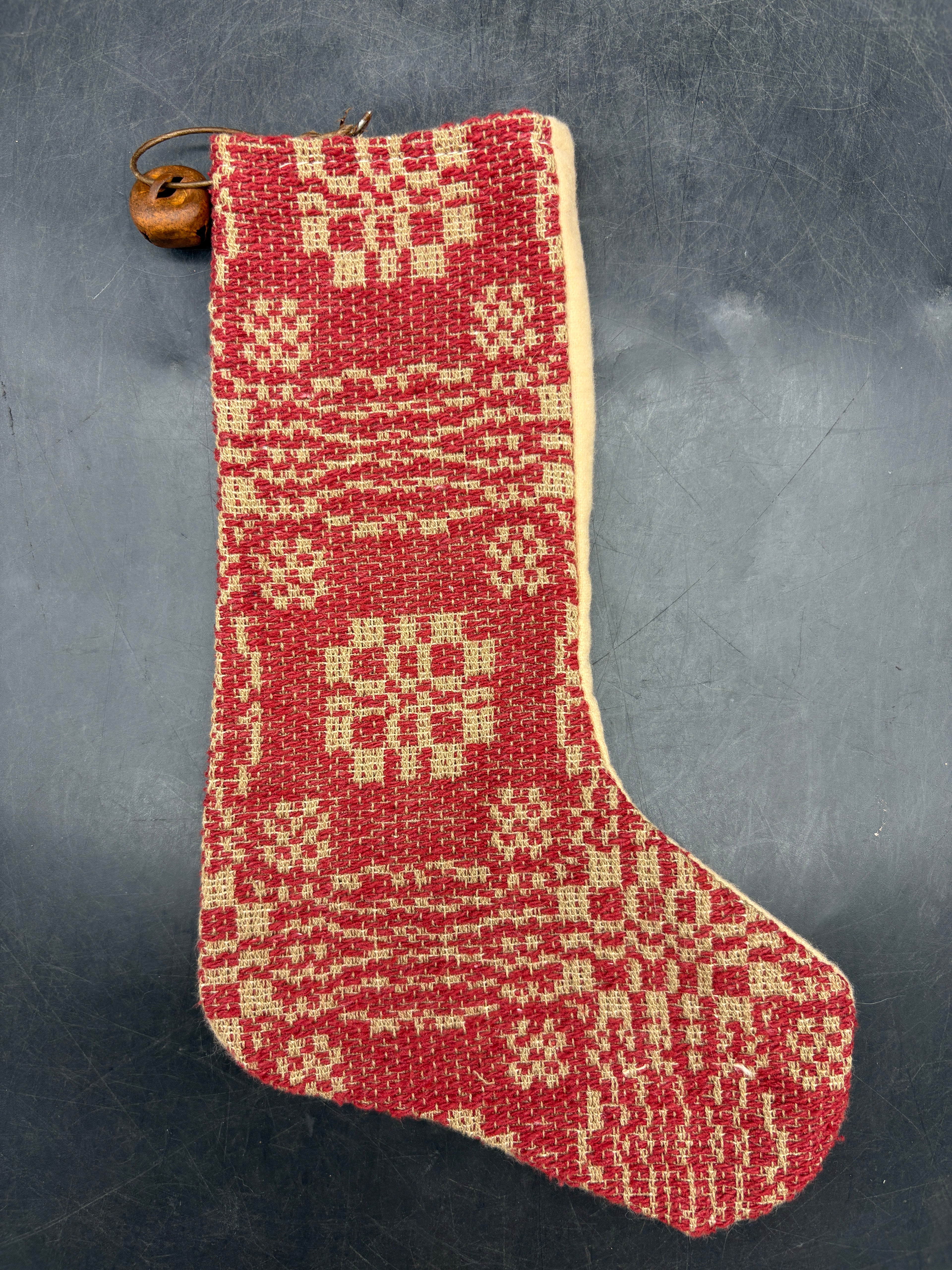 Handmade Coverlet Christmas Stocking — Medium 10" x 5" with Flannel Backing & Rusty Bell