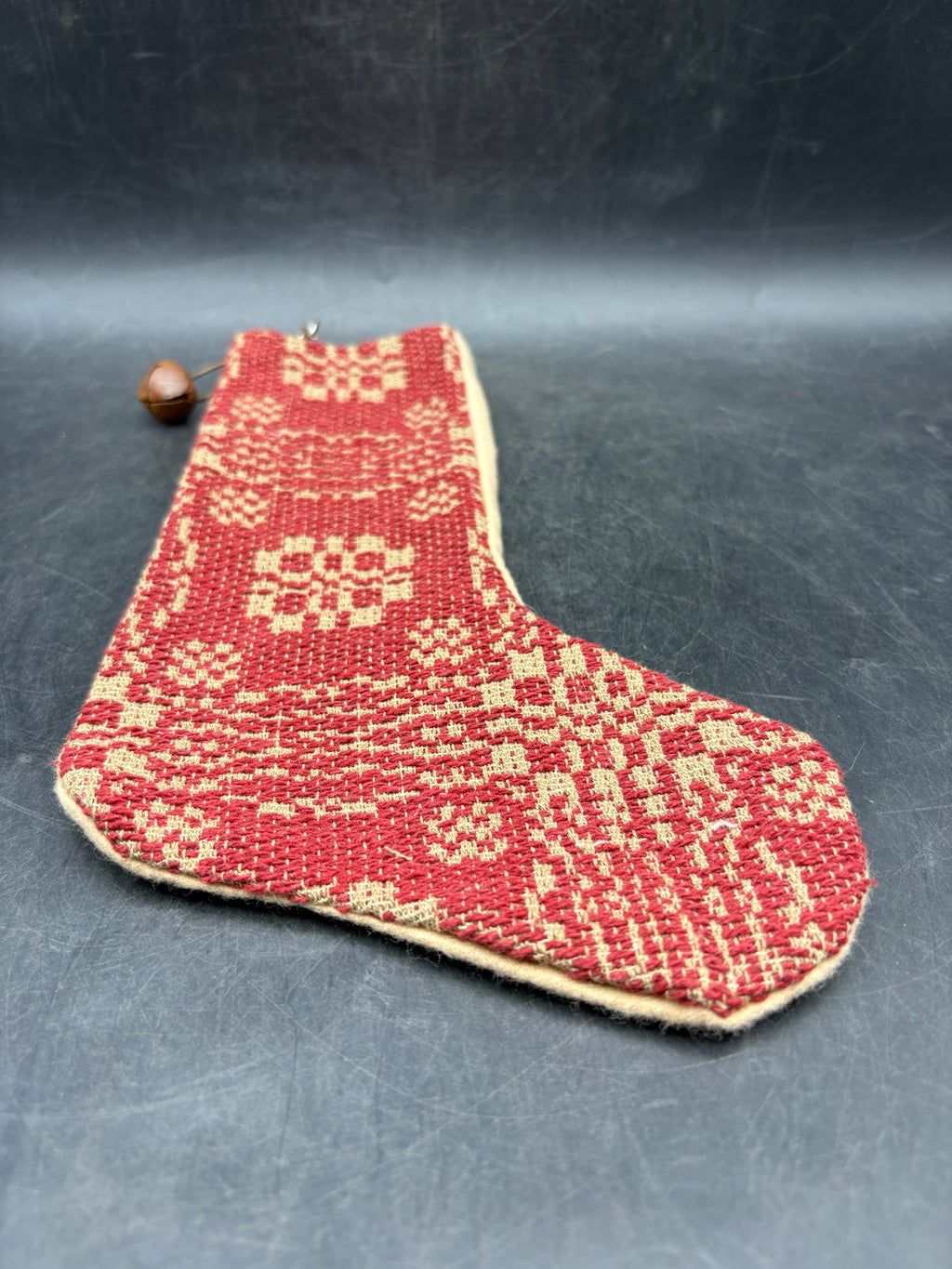 Handmade Coverlet Christmas Stocking — Medium 10" x 5" with Flannel Backing & Rusty Bell