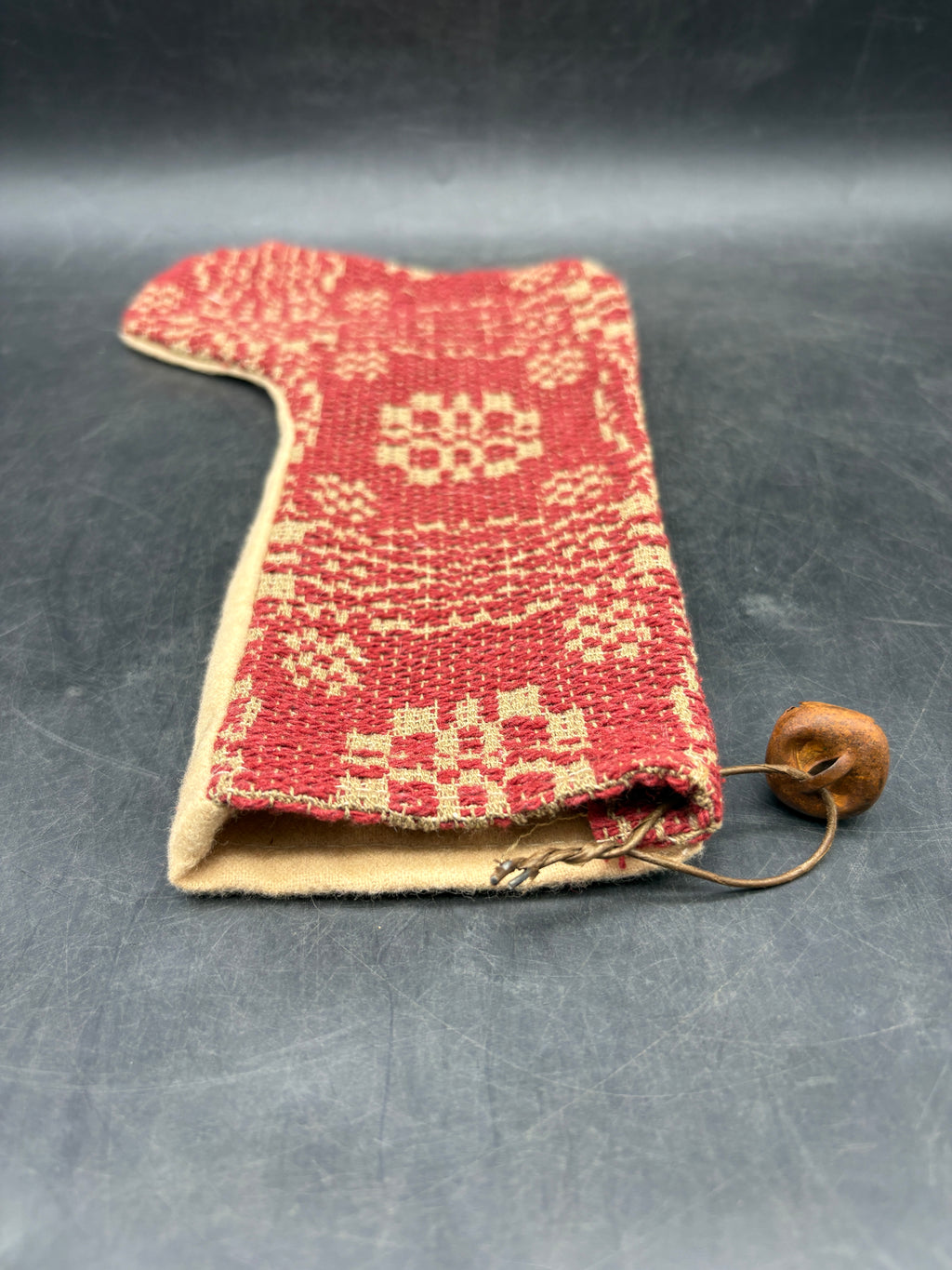 Handmade Coverlet Christmas Stocking — Medium 10" x 5" with Flannel Backing & Rusty Bell